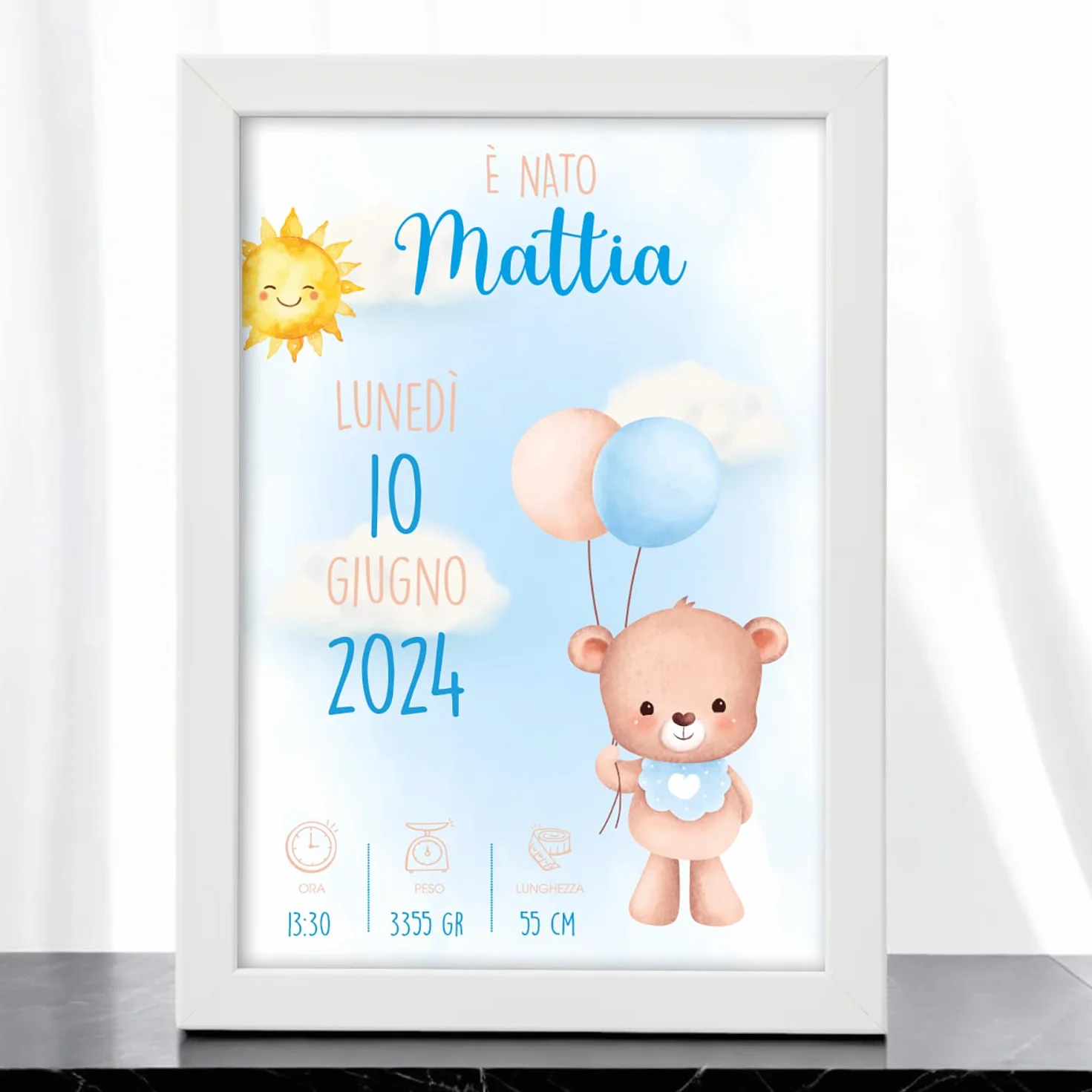 Quadretto Nascita Personalizzato Orsetto Azzurro con Palloncini- Cornice Personalizzata con i dati del tuo bimbo/a - Idea Regalo Nascita