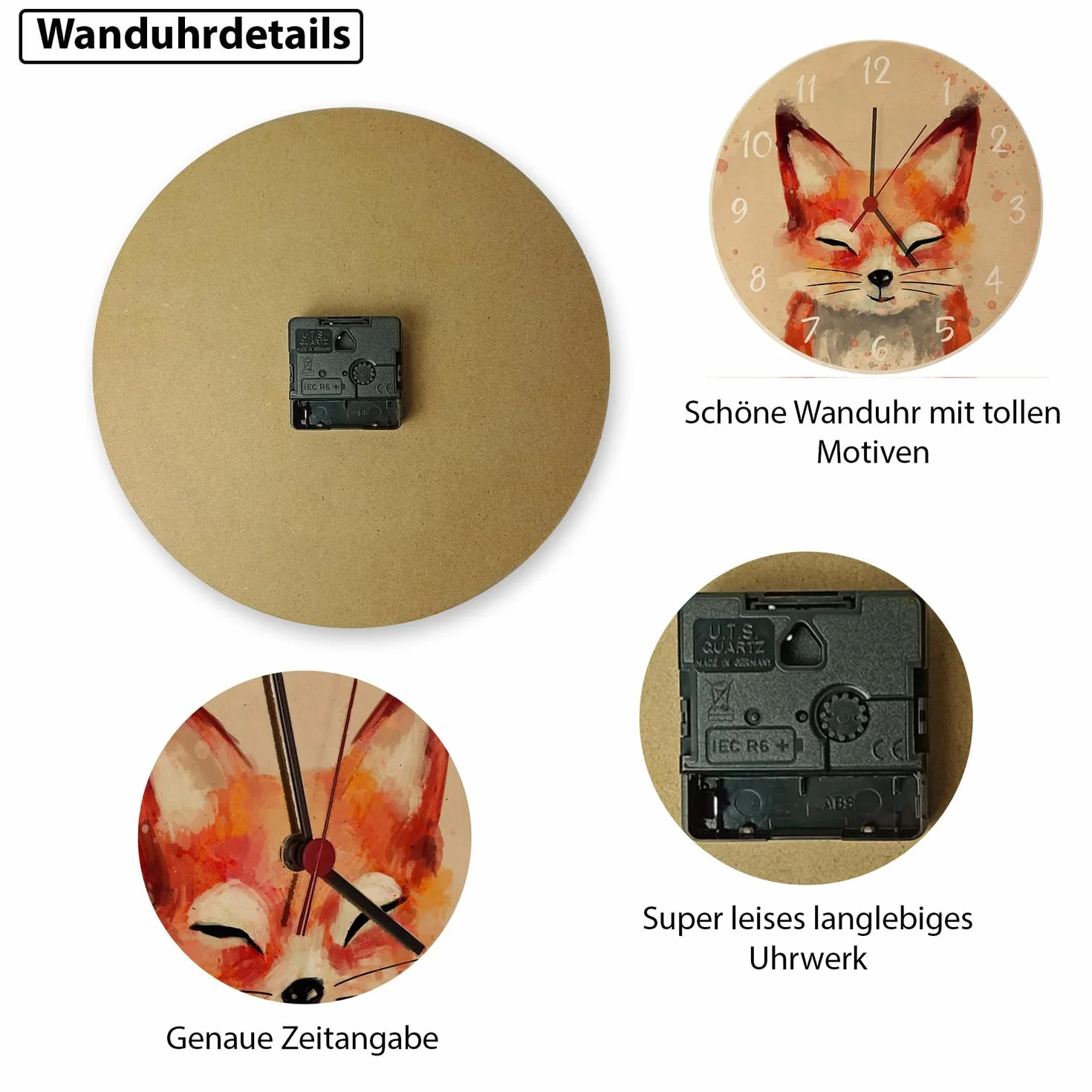 Orologio da parete a forma di volpe con effetto acquerello, bellissimo orologio per la cameretta dei bambini con simpatica volpe come decorazione per la cameretta dei bambini