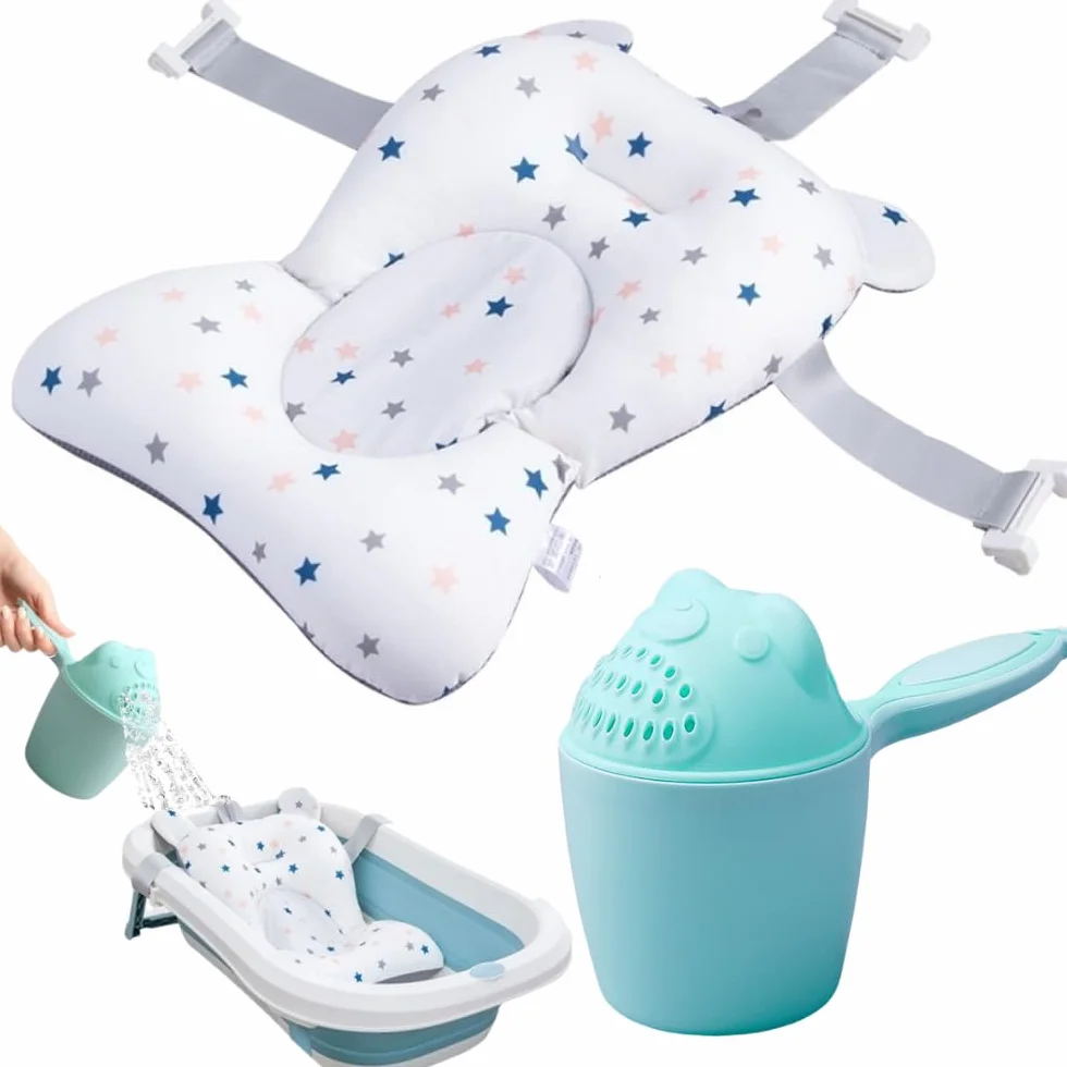 Cuscino Bagnetto Neonato + Tazza da Bagno, Riduttore Vasca da Bagno Neonato, Supporto vaschetta Universale, Materassino Bagnetto Antiscivolo, Confortevole e Morbido