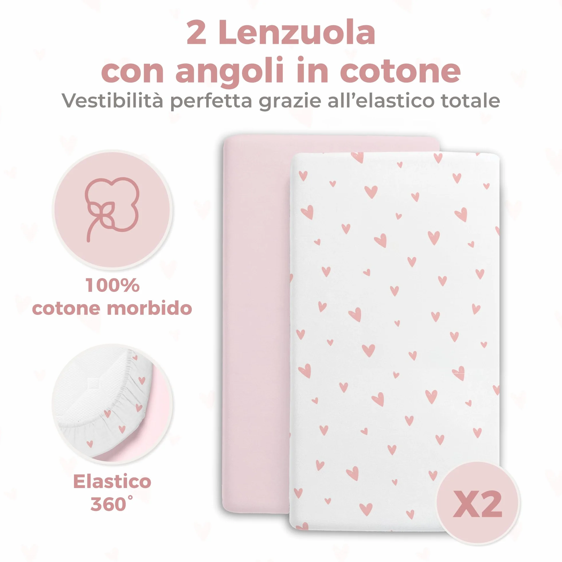Dreamzie 2 Lenzuola culla Neonato + 1 Coprimaterasso Impermeabile Lettino con Elastico - 100% Cotone Per Culla Co-sleeping, Lettino - 50x83 cm Heart
