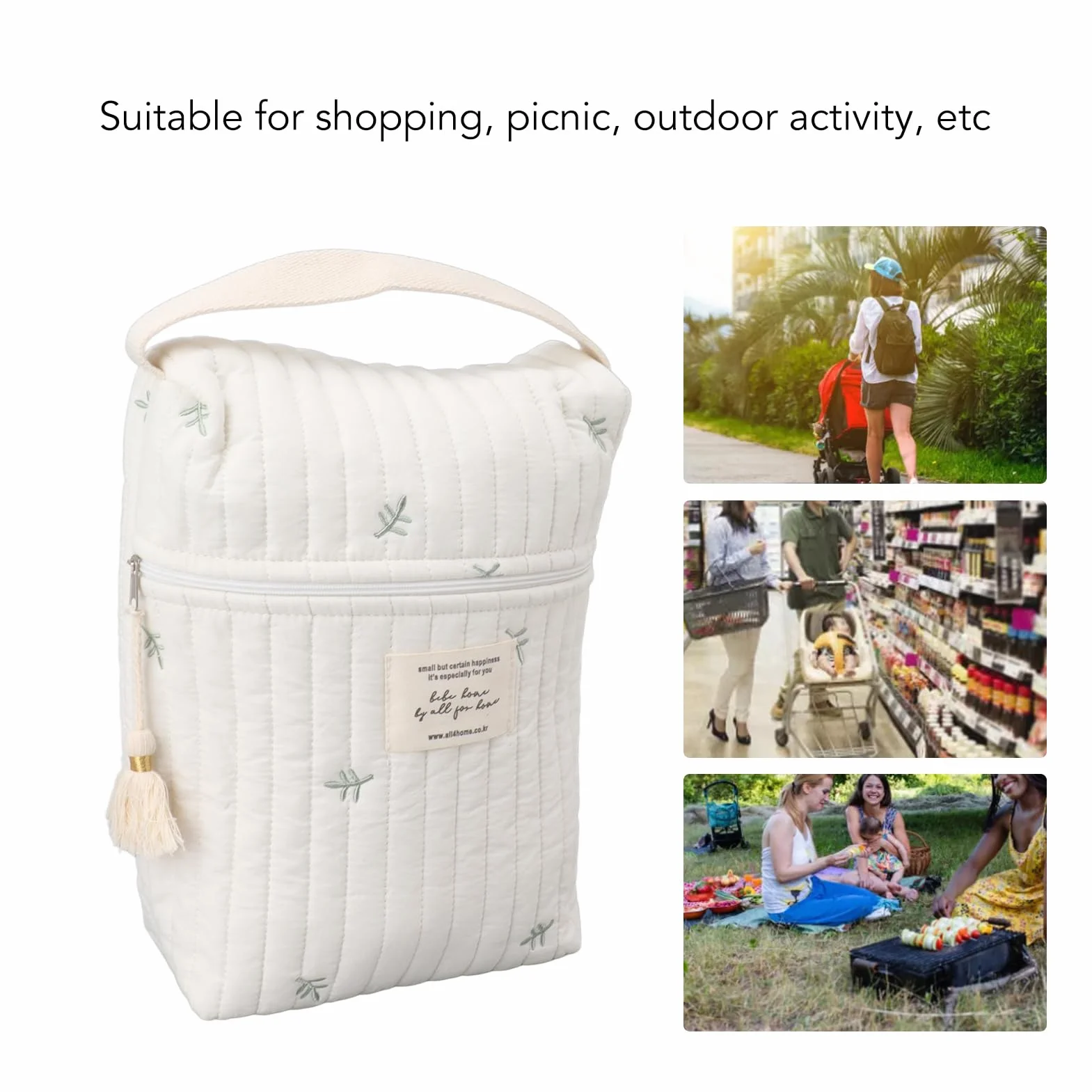 Borsa Pannolini Multitasca con Isolamento Termico, Organizer per Accessori, Cotone Naturale, per Viaggio e Picnic