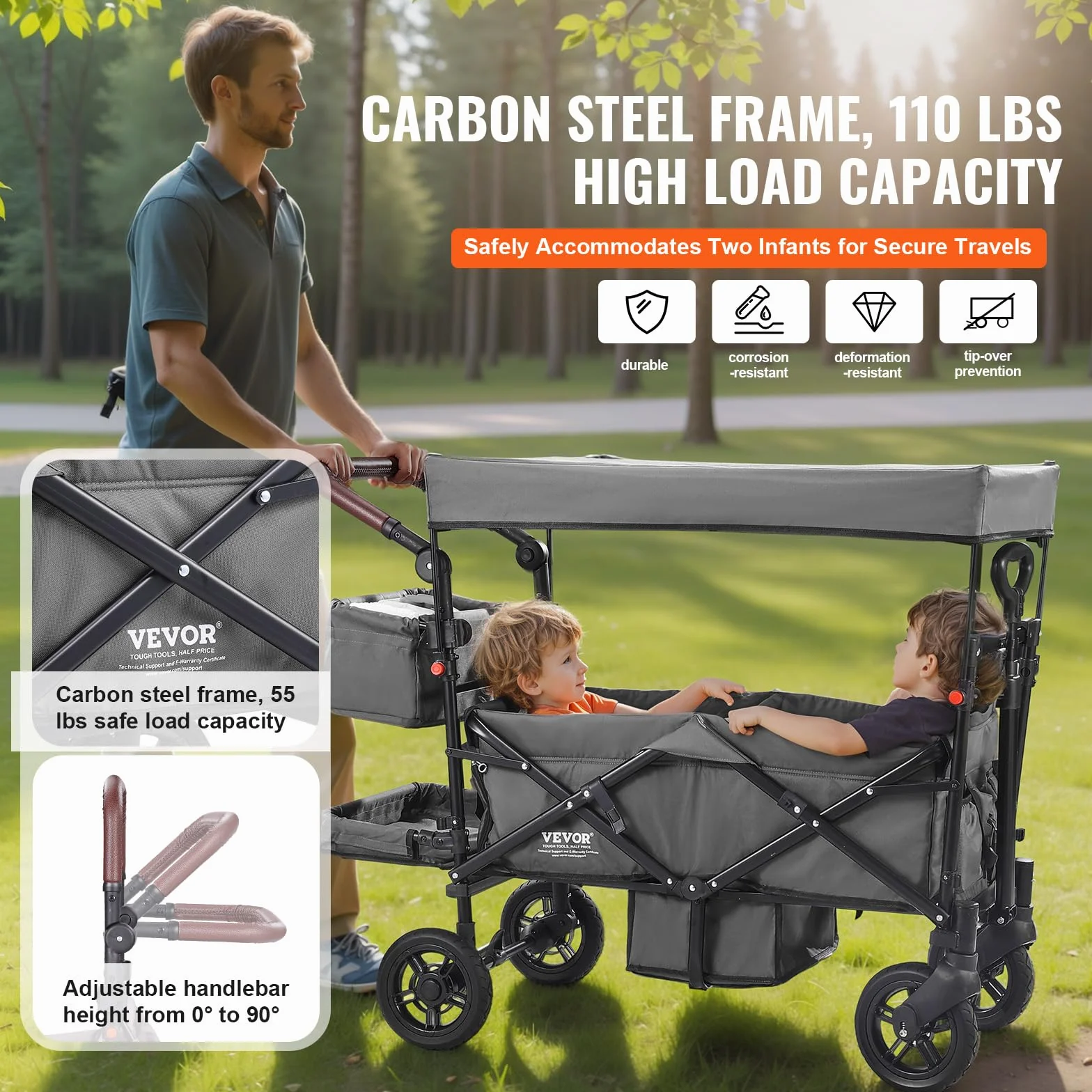 VEVOR Passeggino Wagon per 2 Bambini, Passeggino Pieghevole con Maniglia Regolabile, Tettuccio Rimovibile, Lmbracatura Circolare, 4 Ruote Freni Passeggino Portatile Multifunzione Campeggio, Grigio