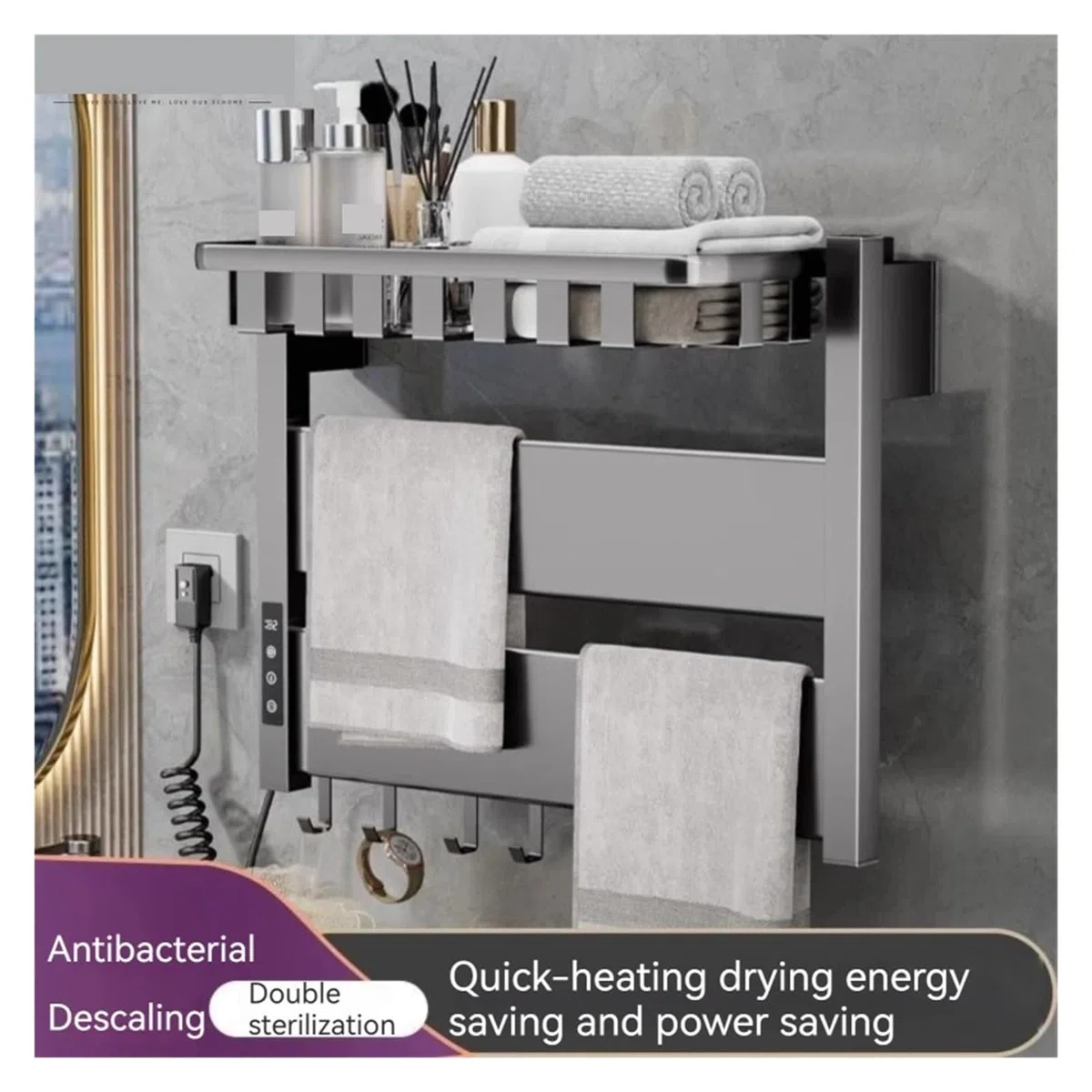 Portasciugamani Elettrico A Temperatura Controllata for La Casa, Riscaldamento, Stendibiancheria, Hotel, Portasciugamani Non Perforato, Accessori for Il Bagno Sicuro Efficace(Left,Gray-Shelf)