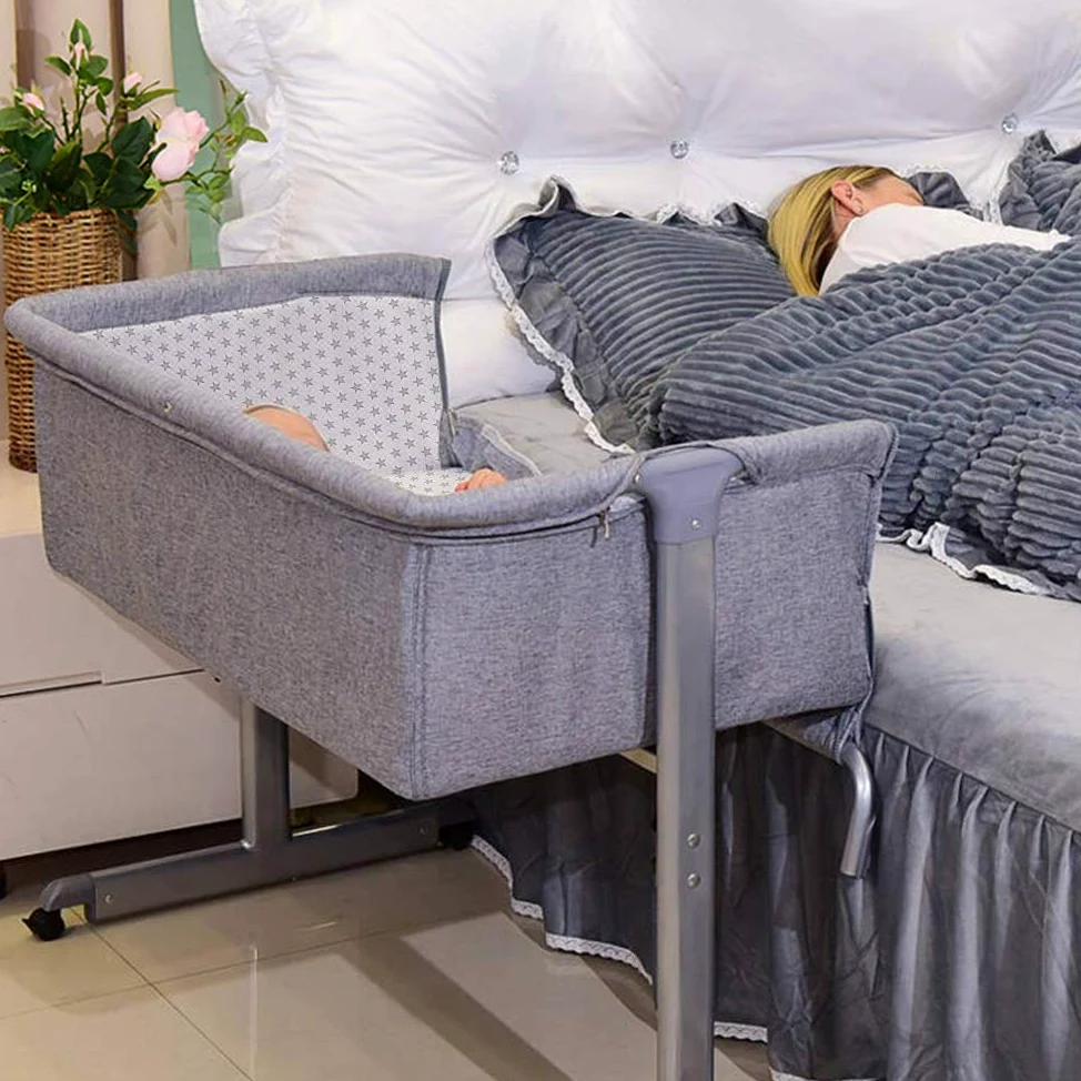 OHMG 2 in 1 Culla Co-sleeping con materasso e zanzariera,Cododo Relevable Camera Bambino Completa con Materasso e Zanzariera per Neonati da 1-36 Mesi,Culla Fianco Letto (96x57x77cm (grigio))