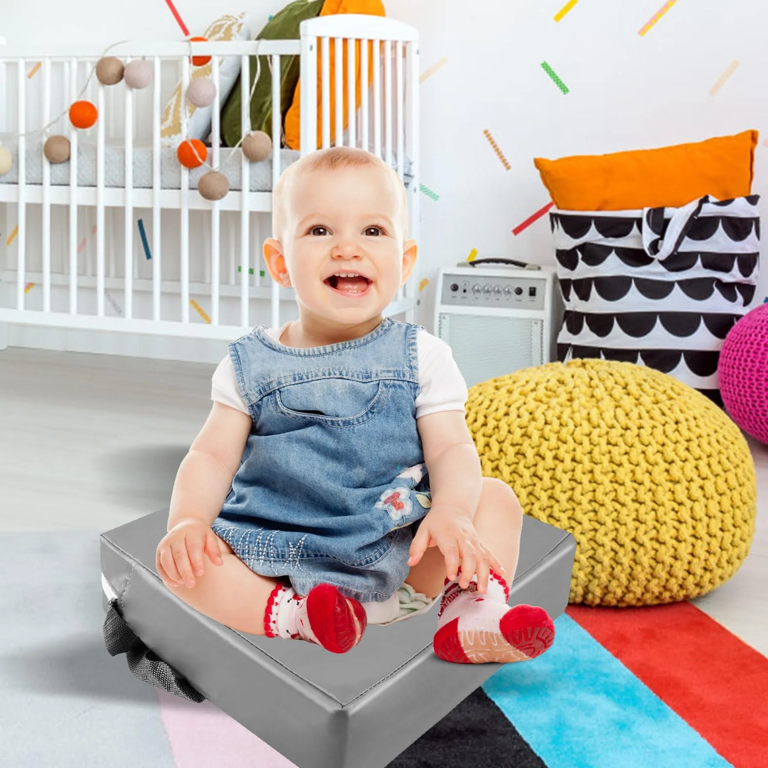 Seduta rialzata per bambini, 10 cm, impermeabile, in tessuto Oxford per bambini, con fibbia di sicurezza, lavabile, smontabile, quadrato, per casa, in viaggio (grigio)