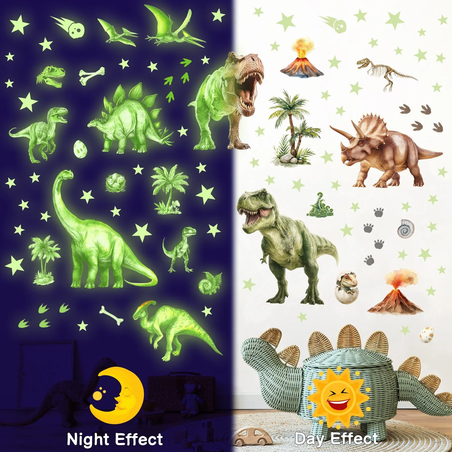 DECOWALL Adesivo da parete con dinosauro luminoso, grande T-Rex luminoso, triceratopo e vulcano, decorazione luminosa del cielo notturno, per cameretta dei bambini e sala giochi (GDS4-7004)