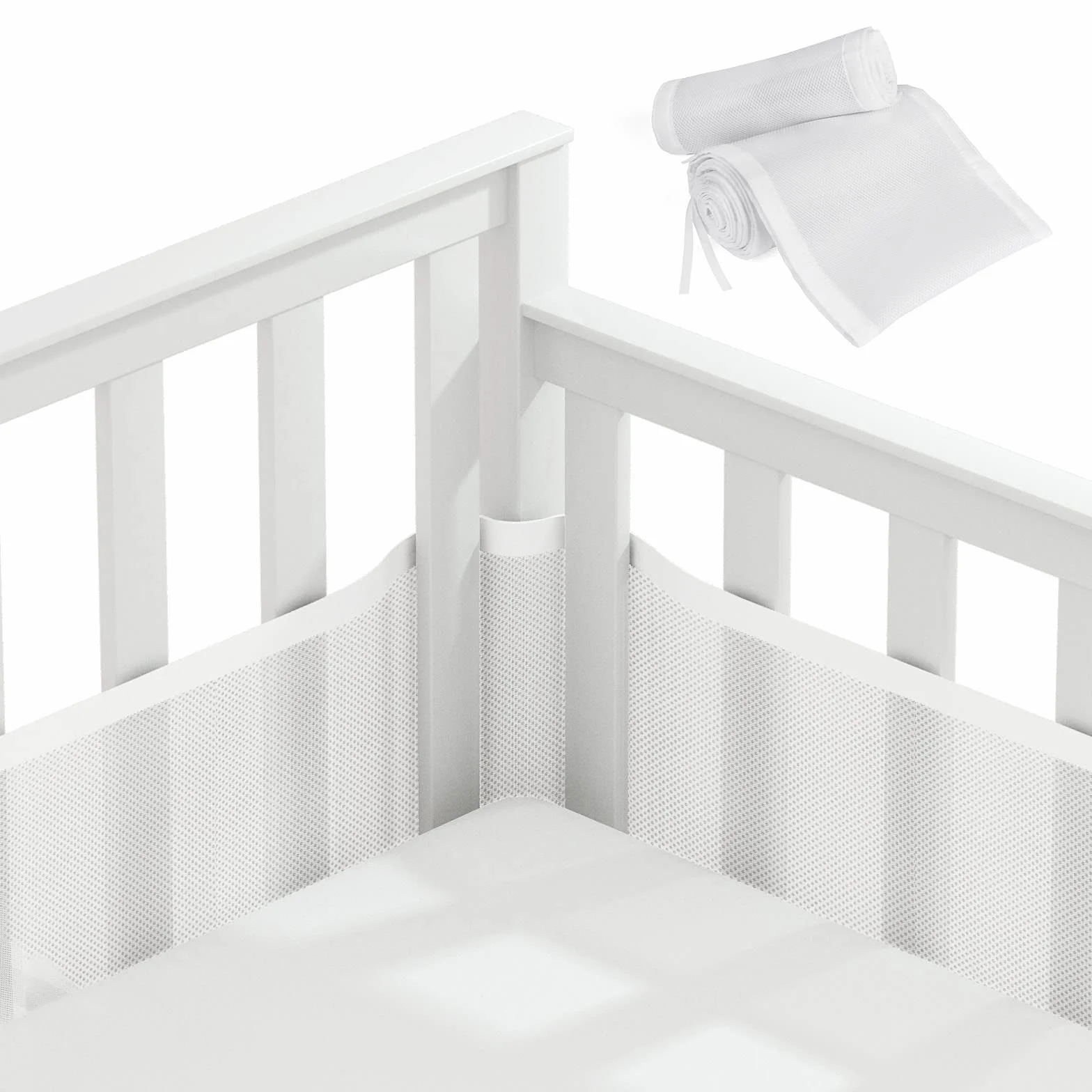 Vicloon Paracolpi Lettino, 2 Pezzi Paraurti Cot Morbida e Traspirante, Paracolpi per Lettino con 10 Cinghia Fissa, Lavabile, Bianca, 340cm x 30cm + 160cm x 30cm