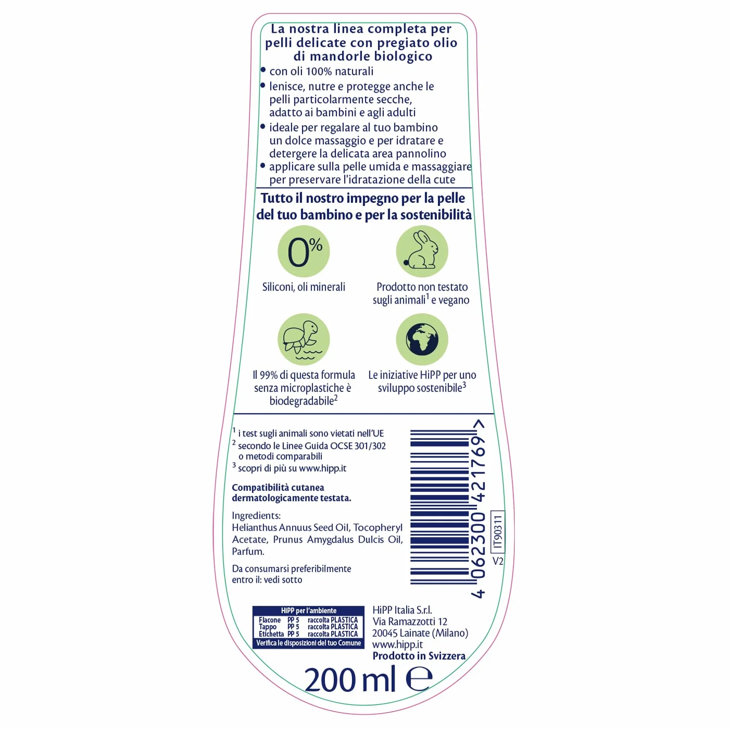 HiPP - Baby Care - Olio Nutriente per Bambini, Nutre e Protegge la Pelle in Profondità, per Pelli Secche e Sensibili, con Oli 100% Naturali, 1 Flacone da 200 ml