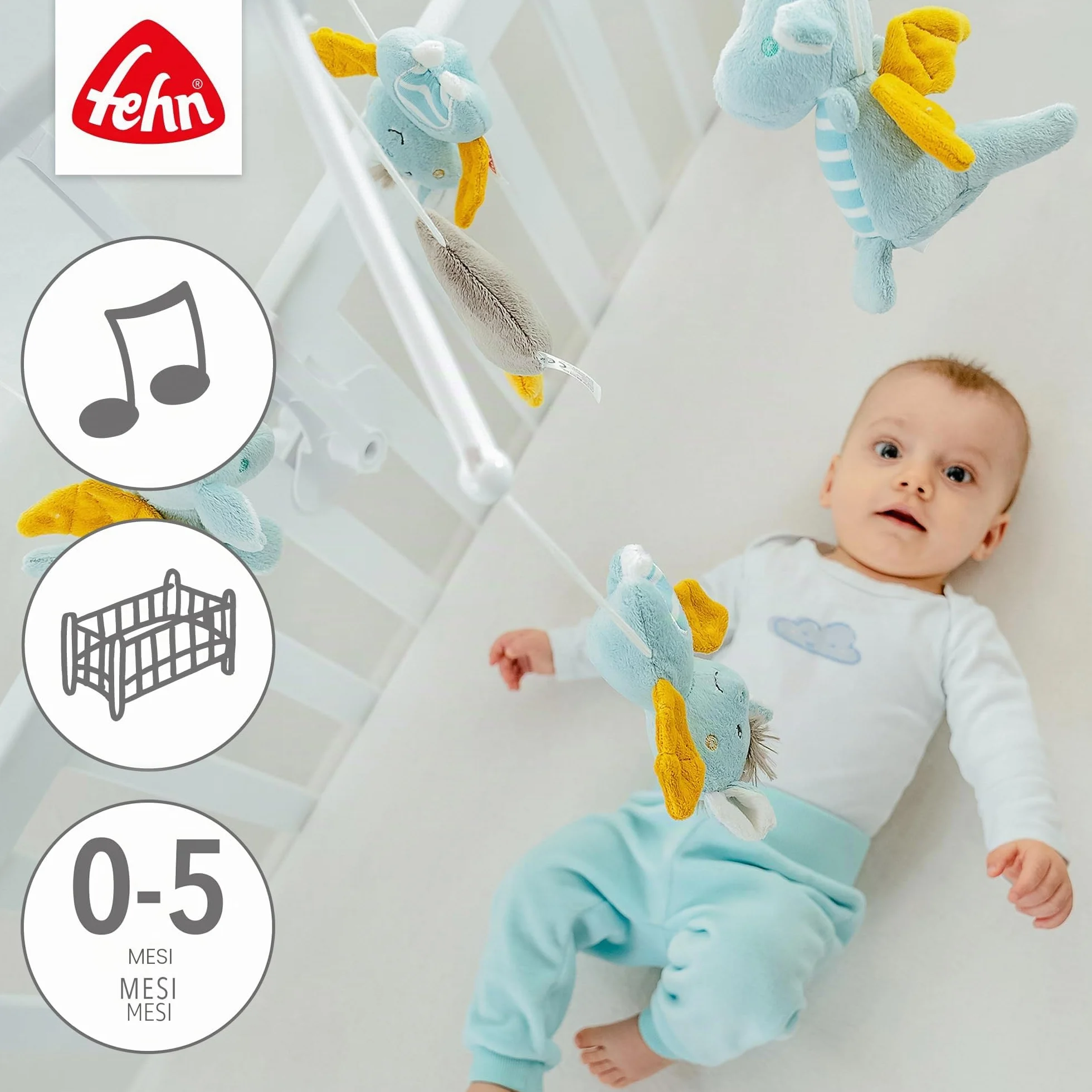 Fehn giostrina musicale Little Castle - mobile da appendere con melodia musicale ninna nanna di Mozart e personaggi per calmare e intrattenere - Con fissaggio al letto per bambini da 0 a 5 mesi