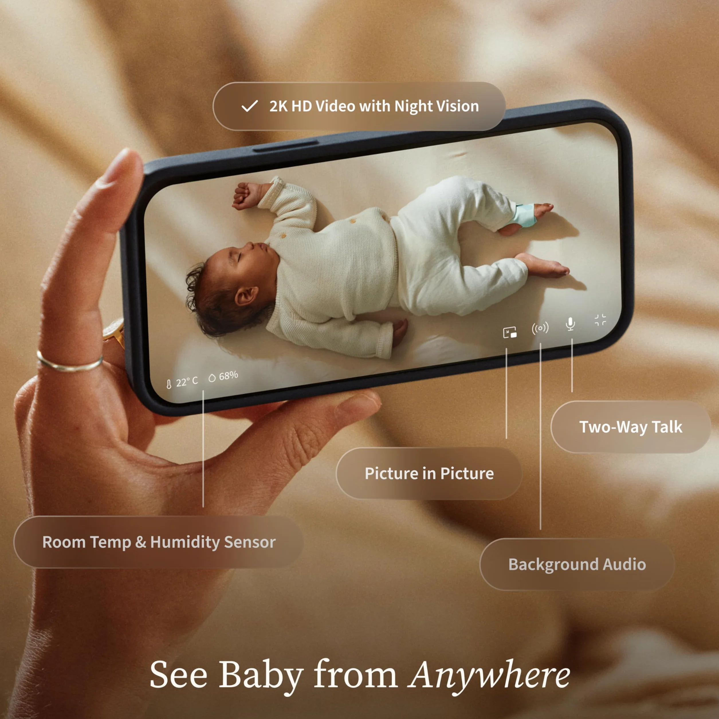 Owlet Dream Sight - Baby monitor intelligente con camera HD 2K, Avvisi pianto, suoni e movimenti, Monitoraggio temperatura e umidità
