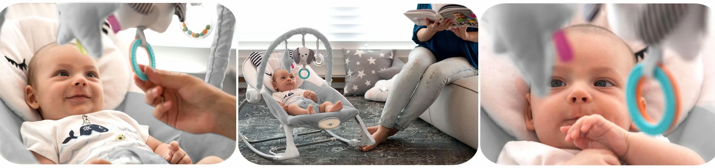 Nukido Sdraietta Neonati - Dondolino con Vibrazione e Giochi - Piedini Antiscivolo - fino a 18 kg Grigio