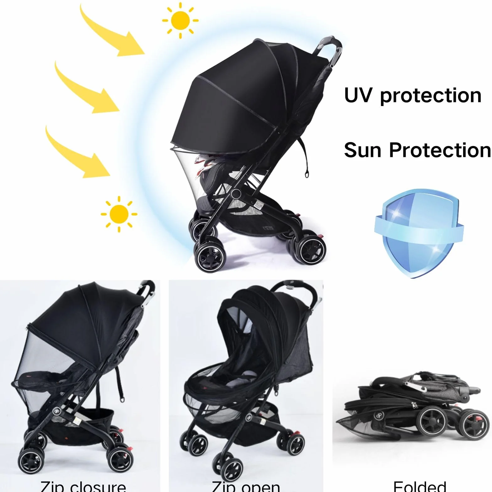 2 in 1 Zanzariera Passeggini Universale, Protezione UV 50+ per Parasole Passeggino,Copri Passeggino Estivo, Antipolvere e Antivento,Nero