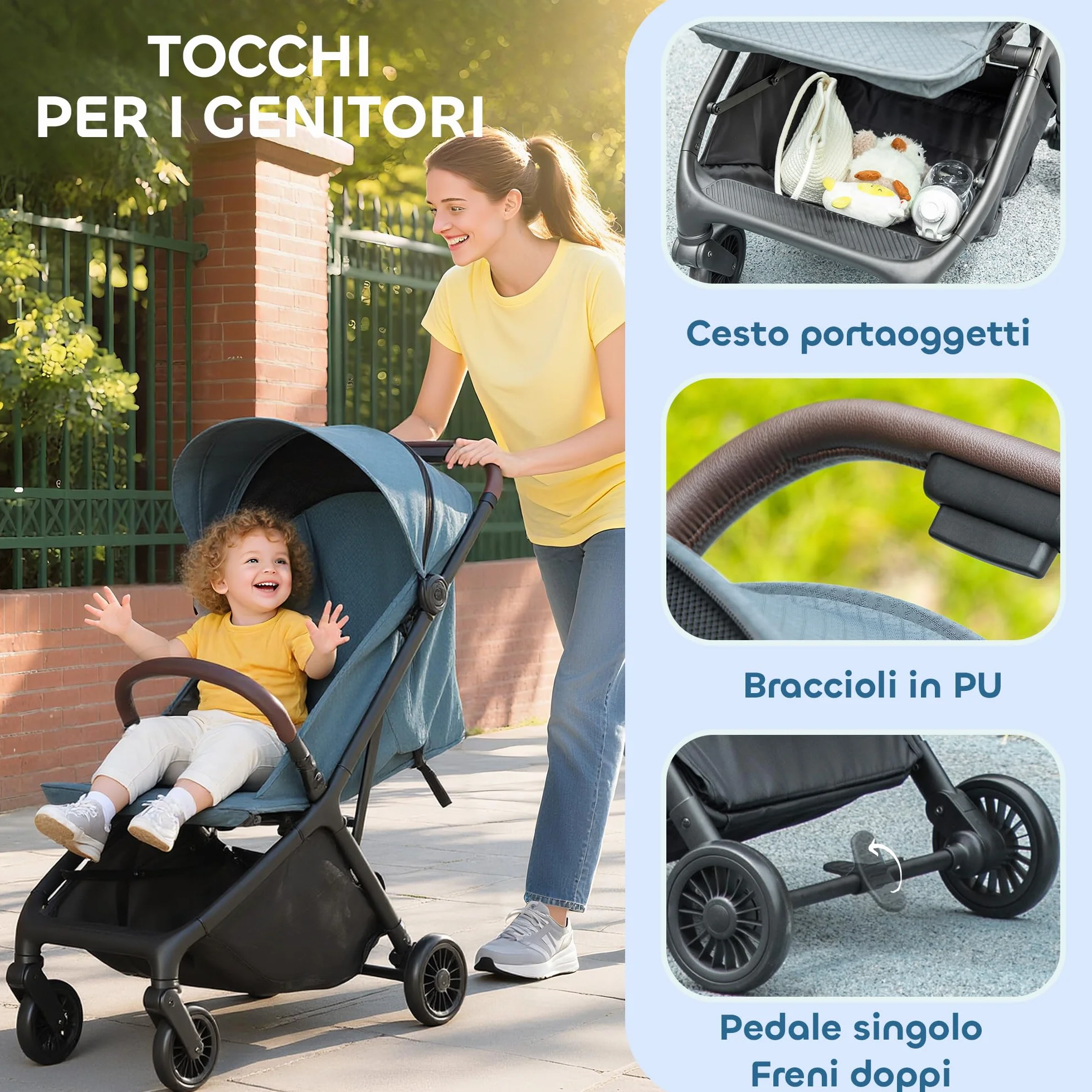 AIYAPLAY Passeggino Leggero 6.3kg per Bambini 0-3 Anni Pieghevole una Mano, Passeggino Compatto Reclinabile con Poggiapiedi Regolabile e Cappottina, Ruote e Cesto Portaoggetti, Fino a 15 kg, Blu