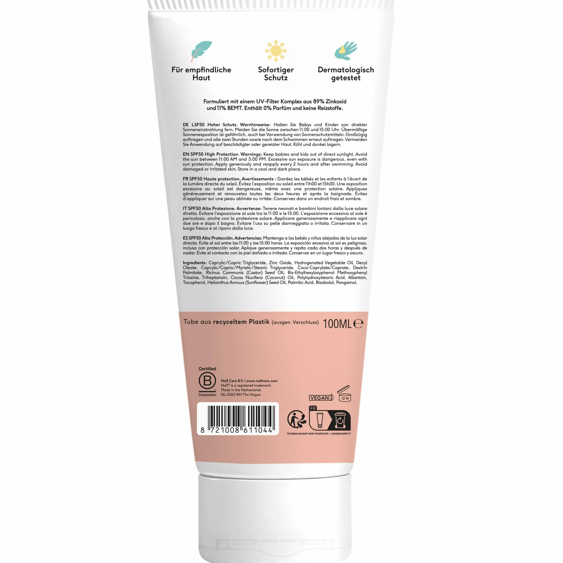 Naïf Crema solare minerale - per Neonati e Bambini - Protezione elevata - Resistente all'acqua - Vegano - Senza profumo - SPF50-100ml
