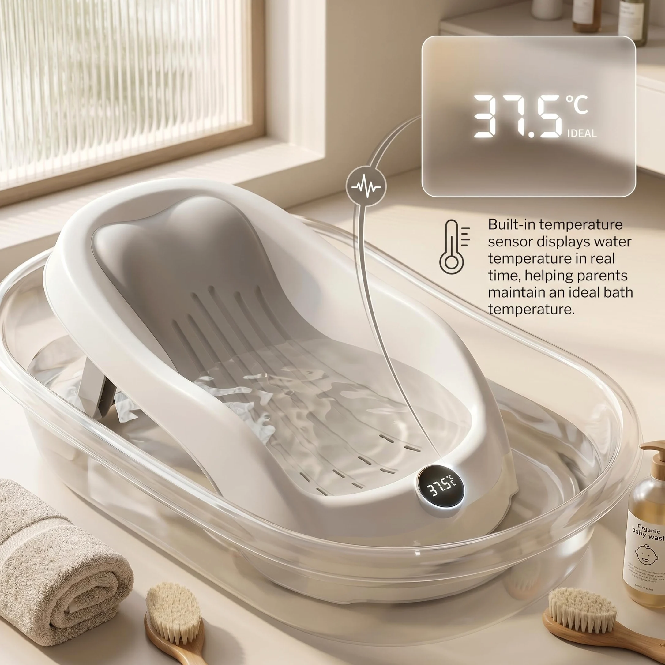 Supporto per bagnetto, vaschetta per il bagnetto con display digitale della temperatura e drenaggio, seggiolino pieghevole per vasca da bagno antiscivolo per neonati (grigio) #1