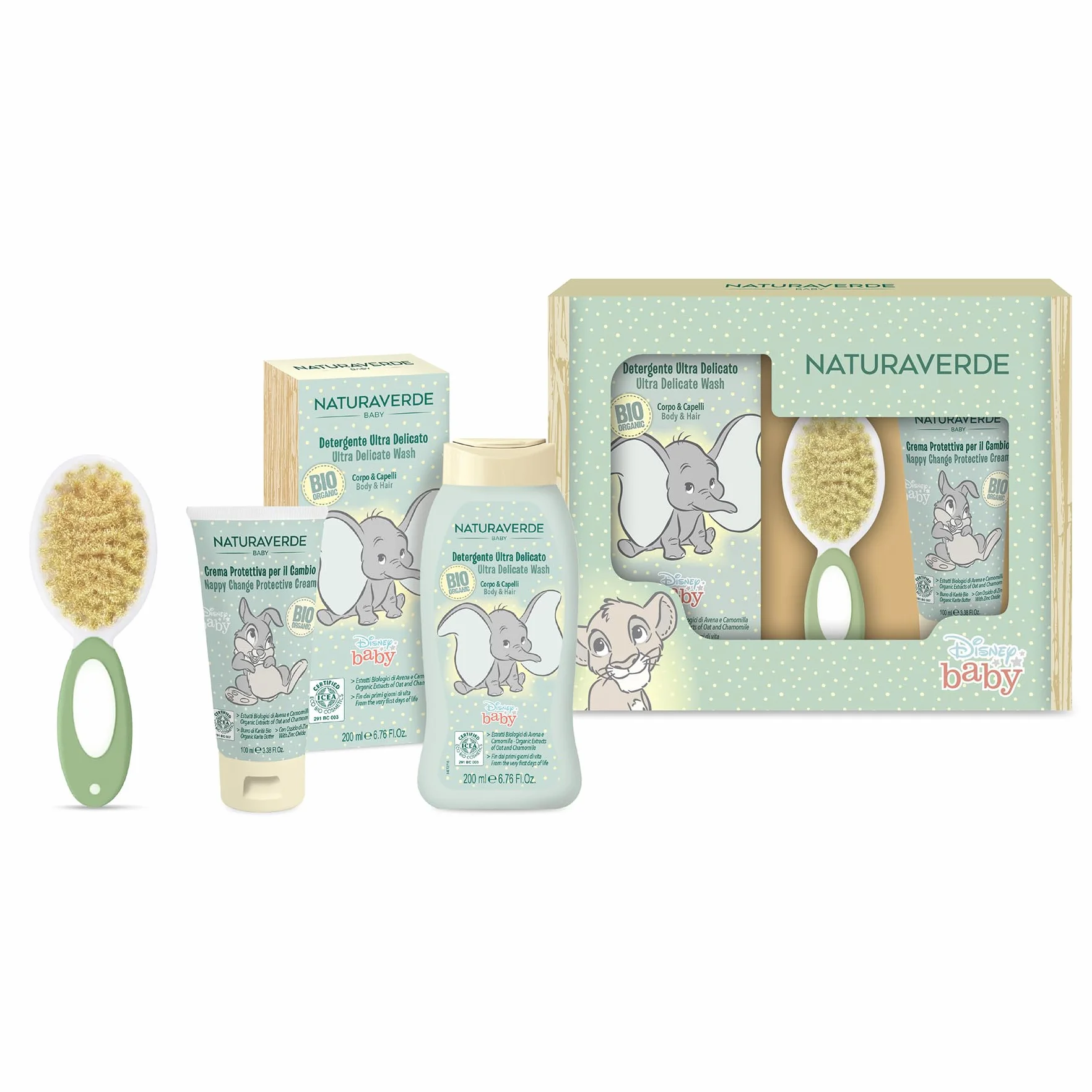 NATURAVERDE BIO BABY | Bio Disney Baby Detergente Delicato C&C 200ml + Crema Protettiva per il Cambio 100ml + Spazzola Capelli - Set Delicato per la Cura dei Più Piccoli
