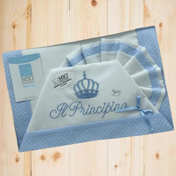 Moda Egidio Set Lenzuola Neonato Mio Piccolo Culla/Carrozzina Ricamo Pricipino O Principessa (CIELO)