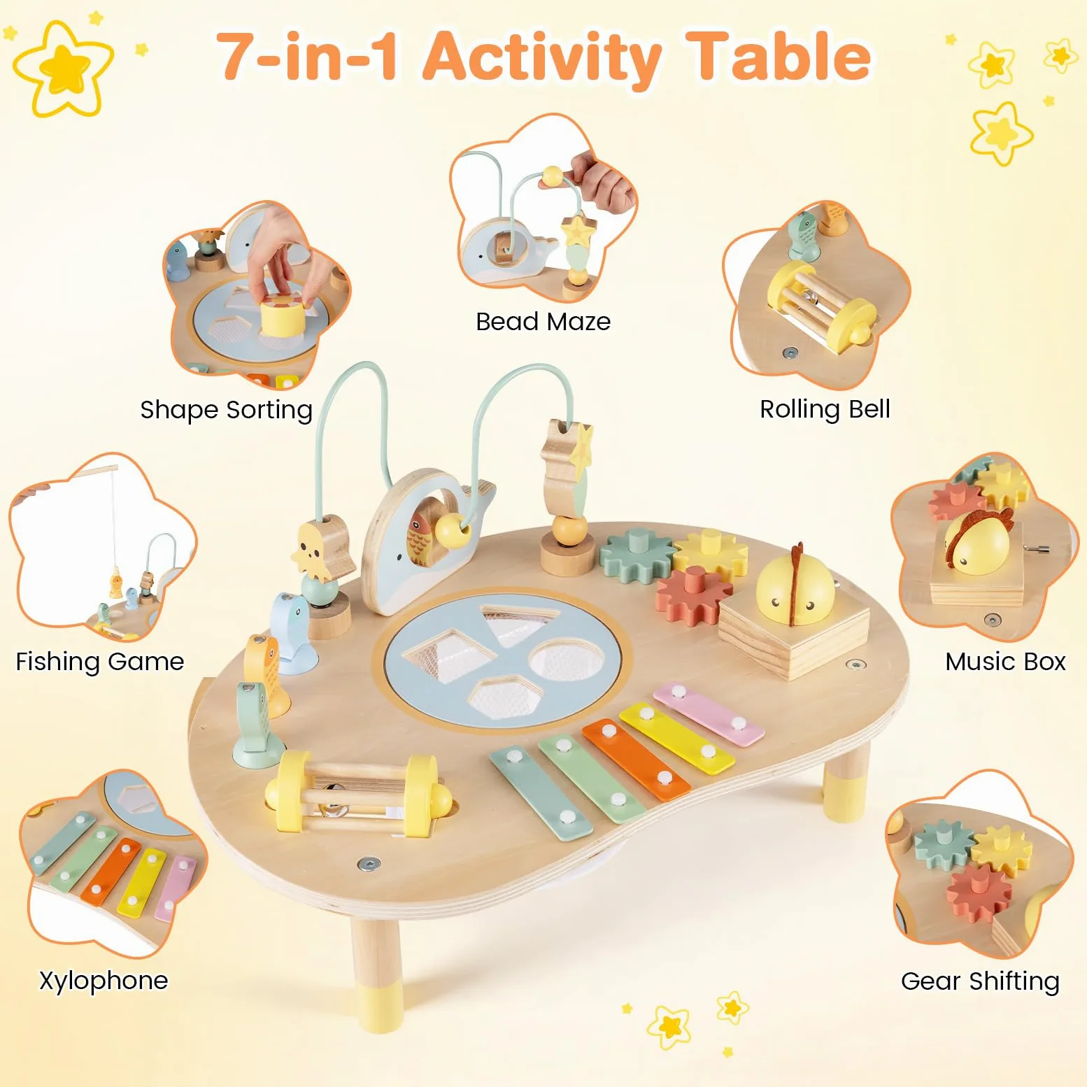 FANTASK Montessori - Tavolo da attività in Legno, per Bambini a Partire da 1 Anno, Giocattolo educativo con Loop per motorie, Gioco di Pesca, xilofono, Carillon e selezionatore, Tavolo da Gioco per