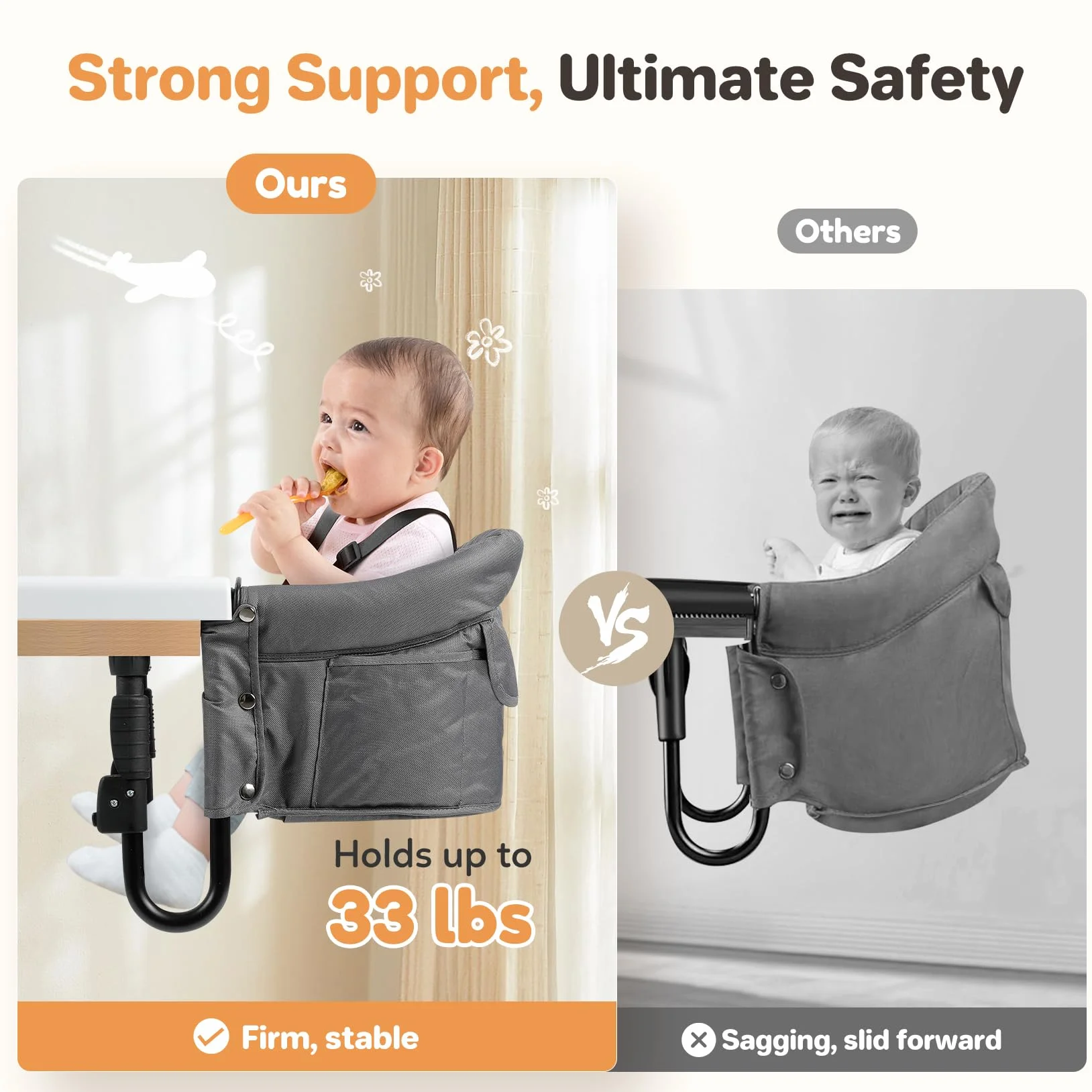 Ezebaby Seggiolone da tavolo pieghevole con cintura di sicurezza a 5 punti e borsa per il trasporto di spessore da 2,5 a 7,5 cm (grigio, con vassoio)