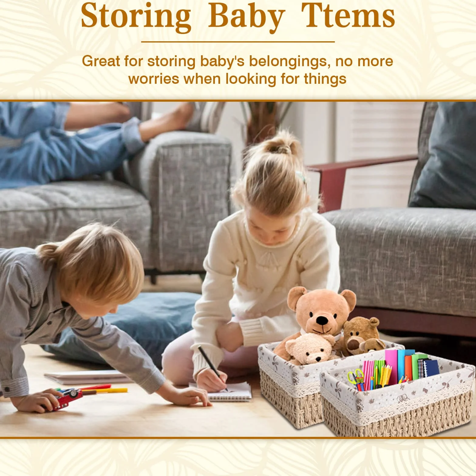 Set di 3 Cestini Portaoggetti Bambini, Cesto in Corda di Carta, Cestini di Stoccaggio, per Camerette, Bagno, Cassetti, Cucine, Soggiorno（Tre Dimensioni）