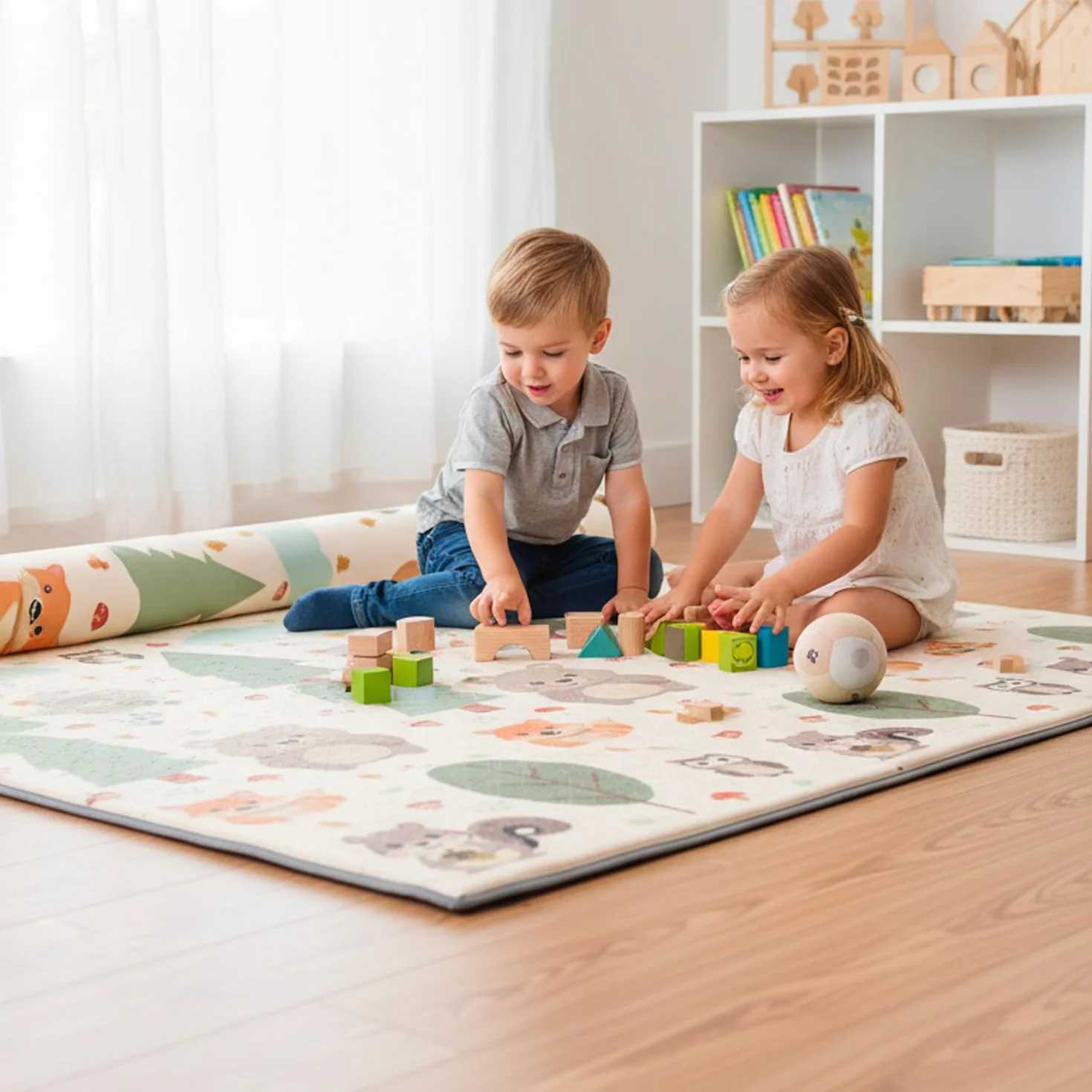 GIODICART Tappeto Gioco per Bambini, 200x150 cm, Spessore 10mm, Motivo Bosco con Animali, Arrotolabile