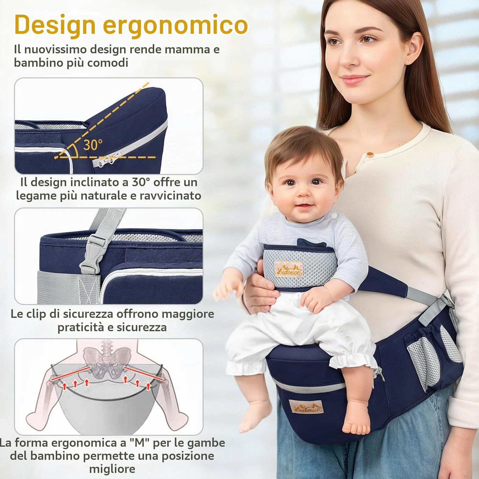 Viedouce Hipseat Marsupio con Protezione per Cintura di Sicurezza,Puro Cotone Leggero e Traspirante,Ergonomico Neonati Marsupio Sicurezza Supporto per Bambino da 4-36 Mesi (Blu Scuro)