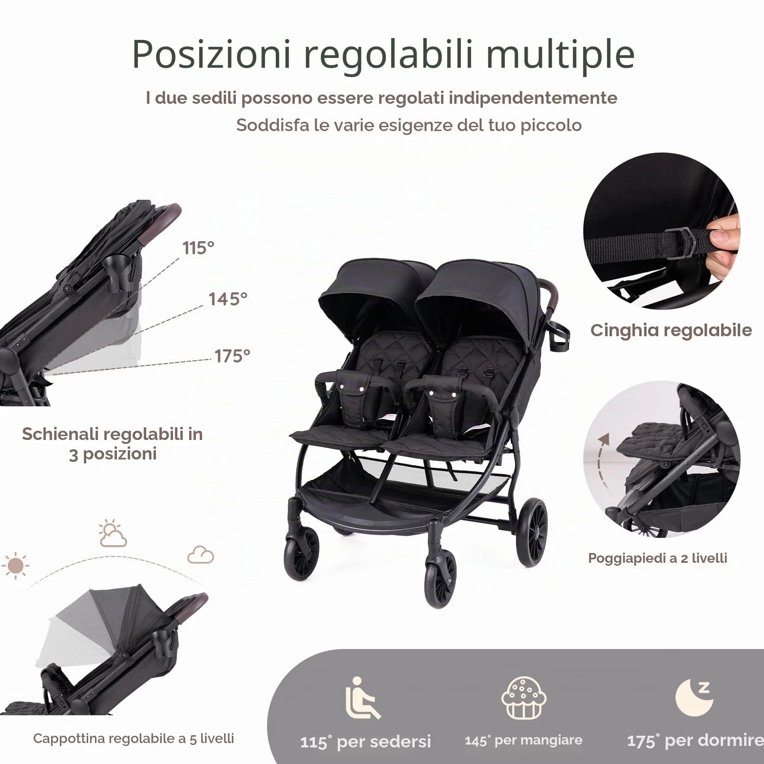 LIFEZEAL Passeggino gemellare, passeggino per gemelli pieghevole, passeggino doppio con schienale reclinabile in 3 posizioni, imbracatura a 5 punti, per bambini da 0 a 3 anni (grigio scuro)