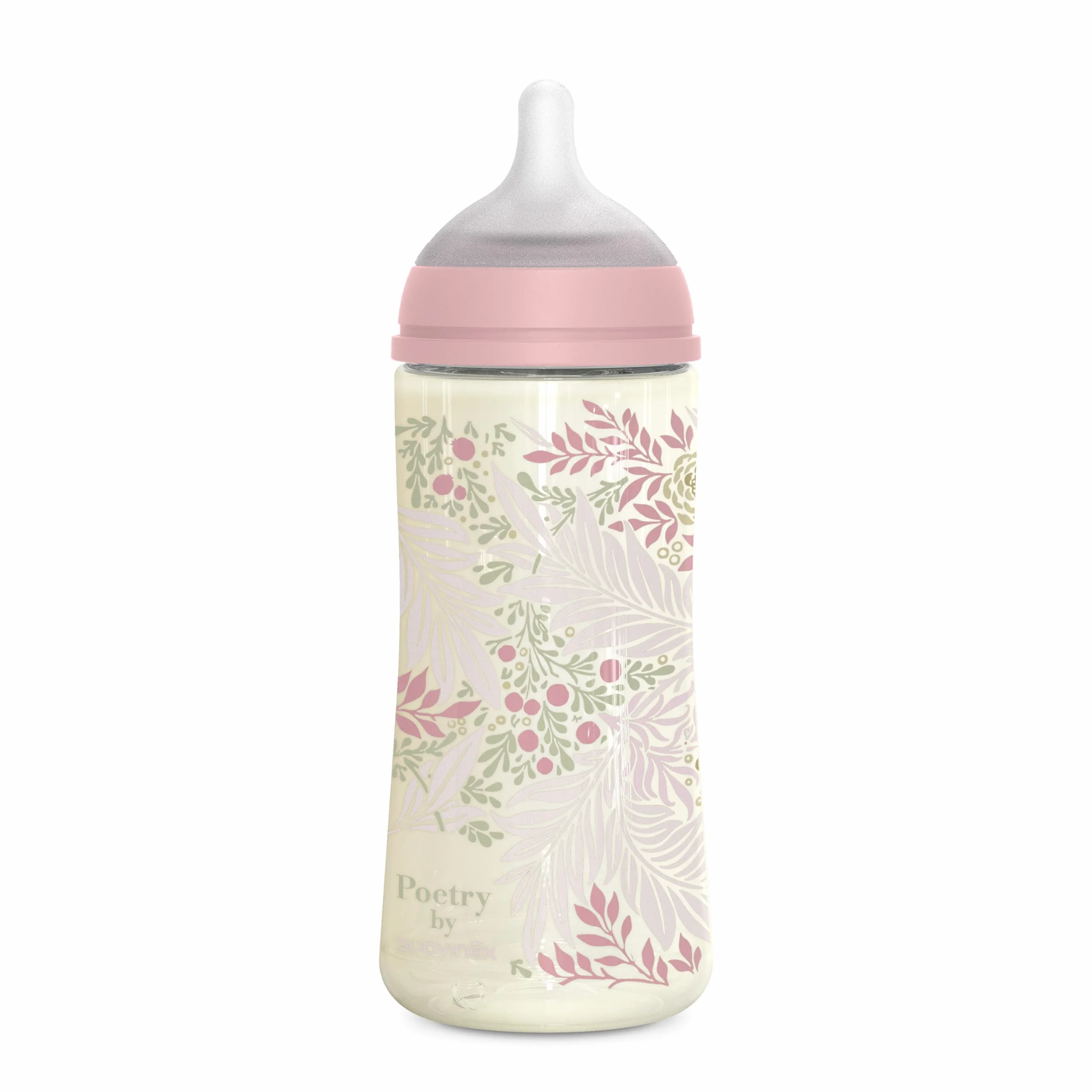 Suavinex, biberon da 360 ml, con tettarella fisiologica SX Pro in silicone, valvola anticolica, flusso denso (L), per liquidi a densità densa, adatto per pappe liquide. Neonati +6 mesi, Poetry, rosa