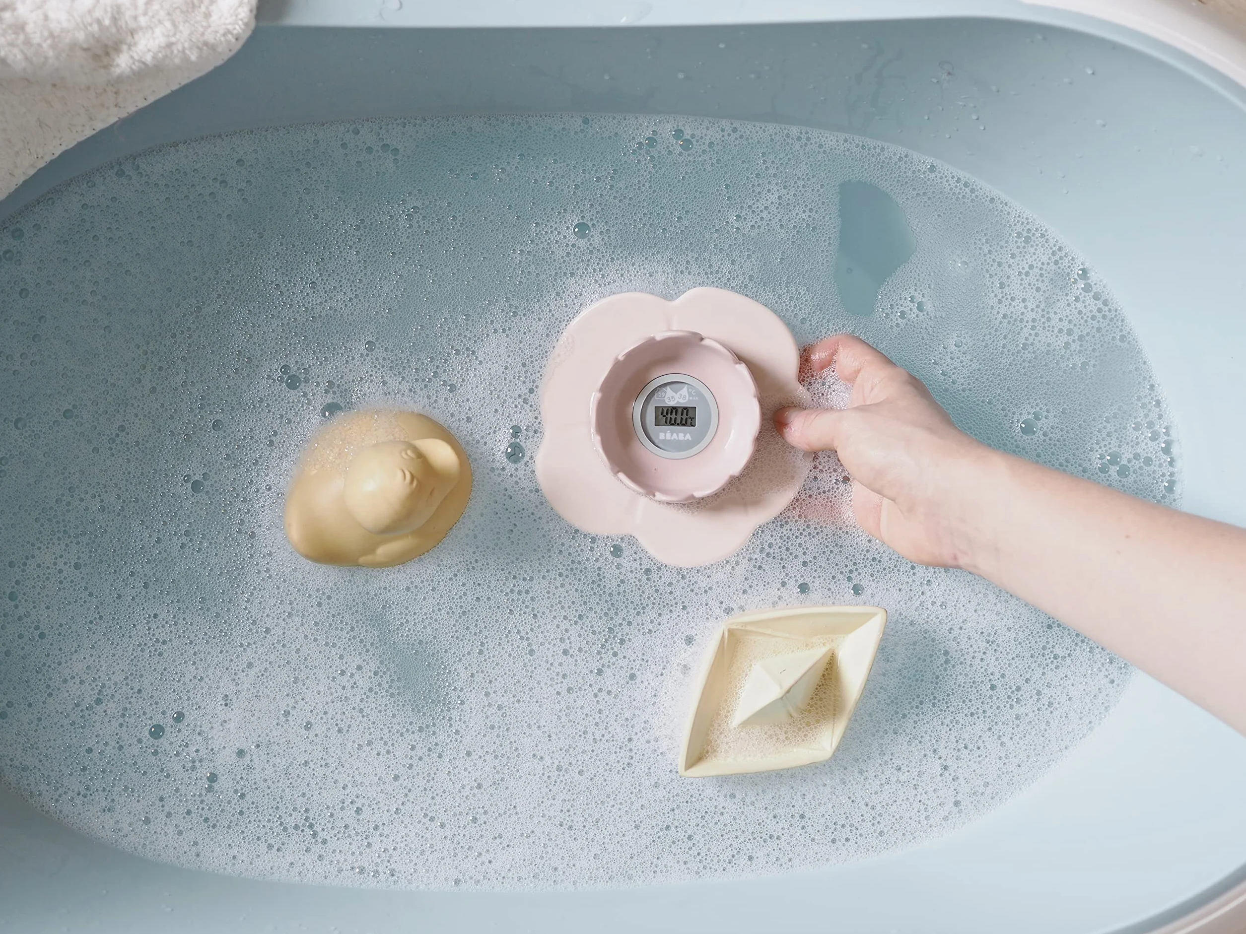 Béaba, Termometro da Bagno Lotus, Digitale, Multifunzione, Misurazione della Temperatura della Stanza e del Bagno, a Forma di Fiore Giocattolo, Old Pink