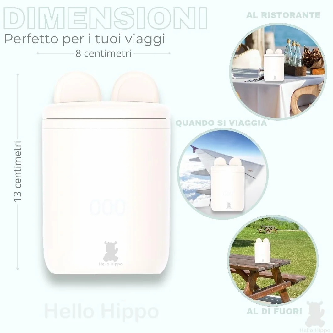 Hello Hippo - Scaldabiberon compatto e portatile: USB-C ricaricabile, anti-perdita, compatibile con Philips Avent, MAM, NUK | 4 temperature regolabili | Riscaldamento rapido ed efficiente