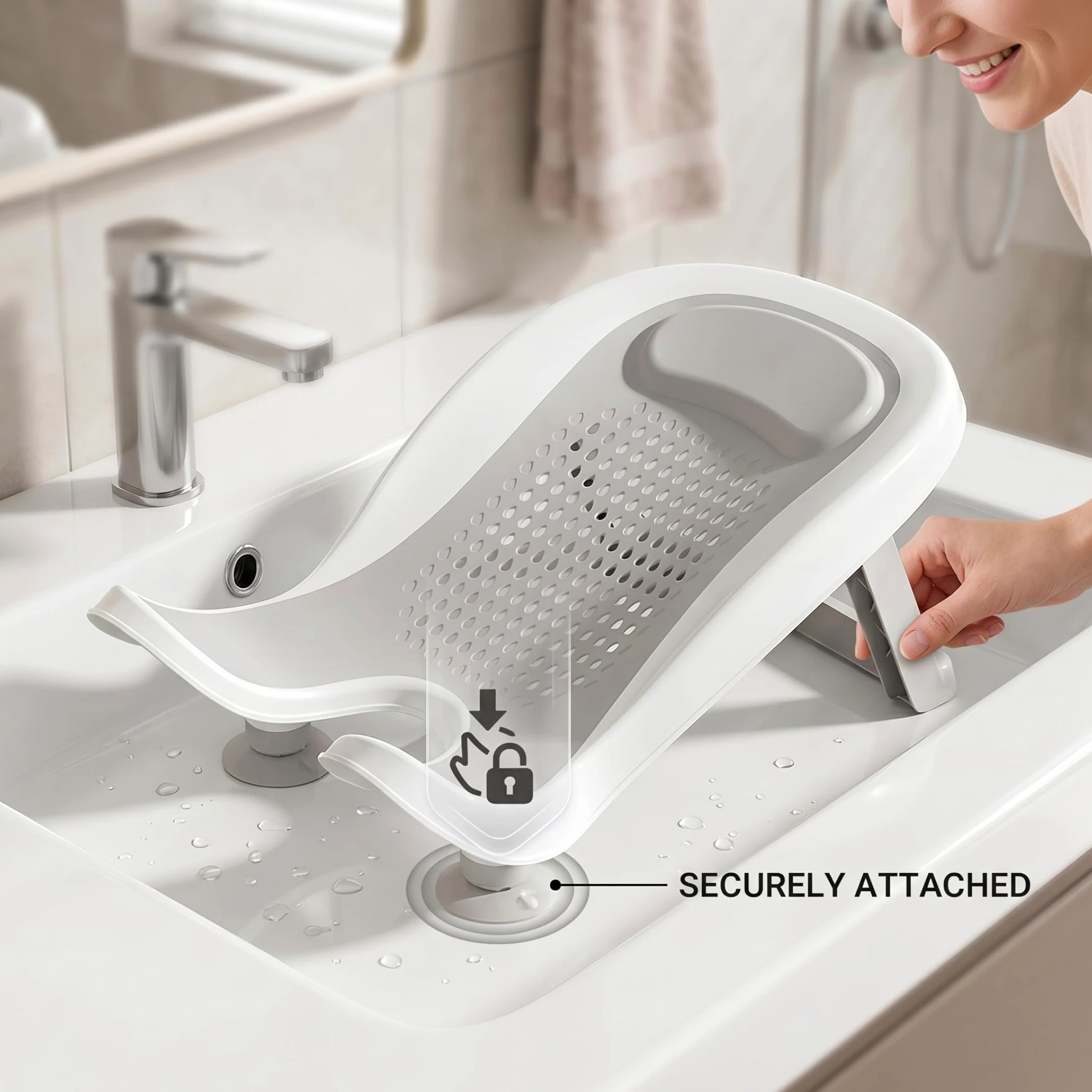Sedili da bagno, Supporto per bagnetto, Vaschetta ergonomica per neonati con ventosa e soluzione per lavabo antiscivolo per gambe per 0-12 mesi - Grigio