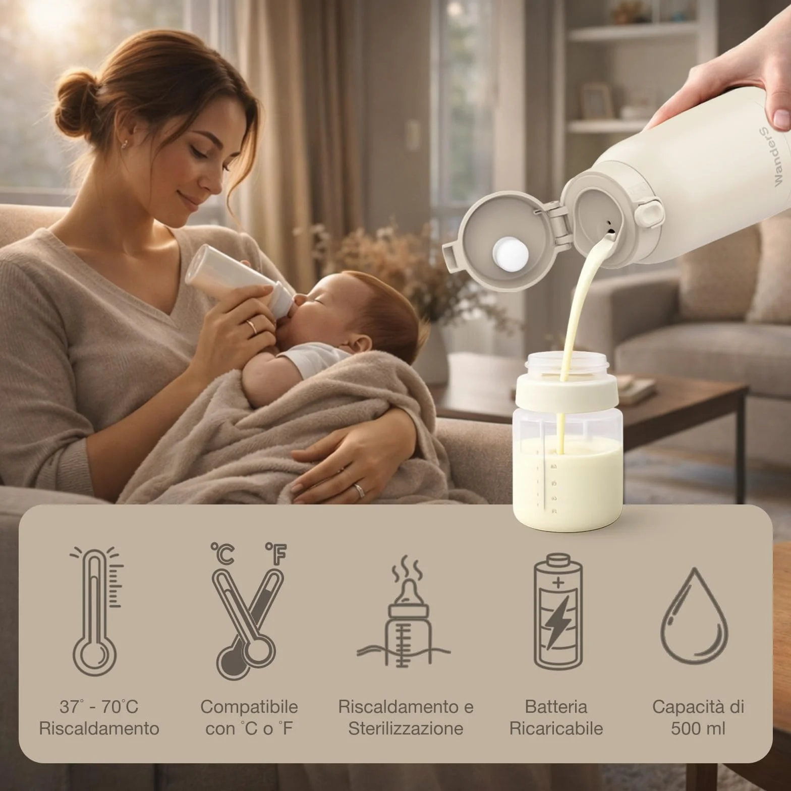 Scaldabiberon Portatile di WanderS – 500ML Scaldabiberon da Viaggio - Controllo della Temperatura, Sterilizzazione, Acciaio Inossidabile 316L, Ricarica USB-C, Impermeabile IPX6 e Blocco di Sicurezza