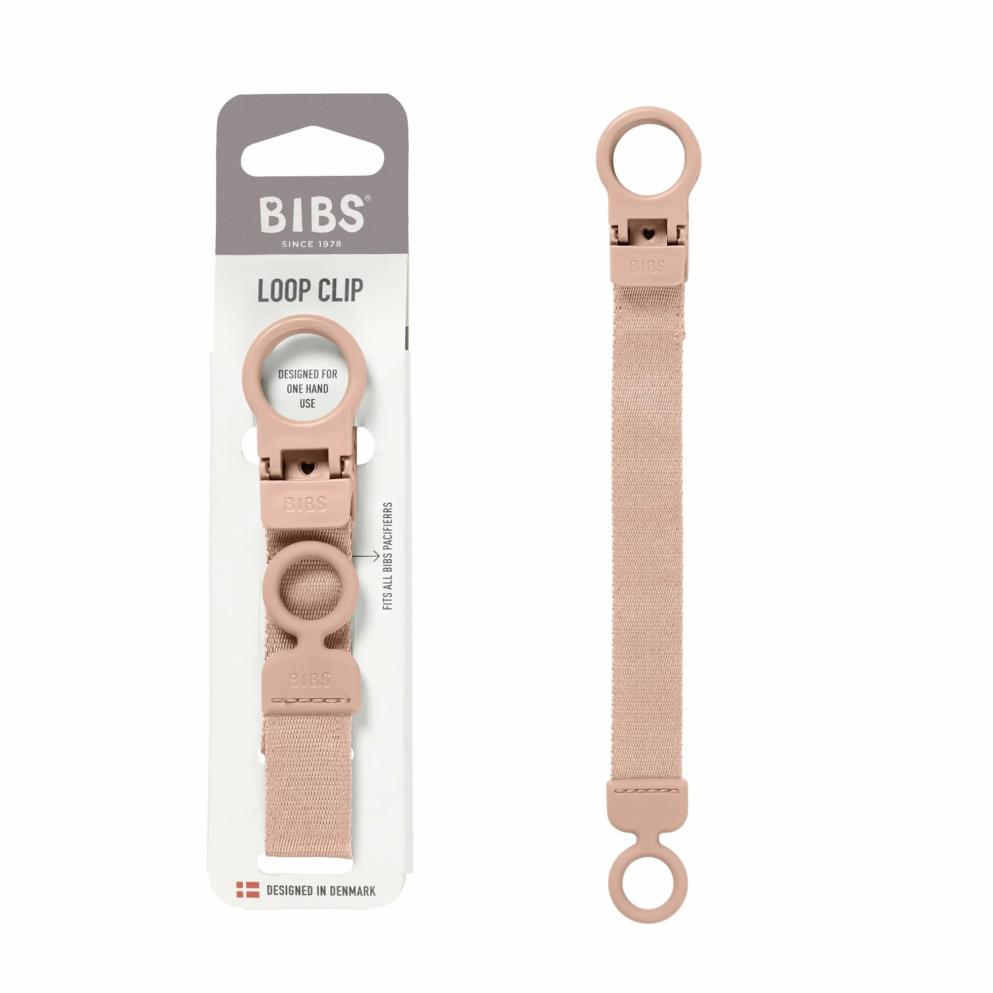 Clip per ciuccio BIBS Loop - Elegante e sicuro, utilizzabile con una sola mano, si adatta a tutti i BIBS e alla maggior parte delle marche, lavabile in lavatrice, età 0+ - Blush