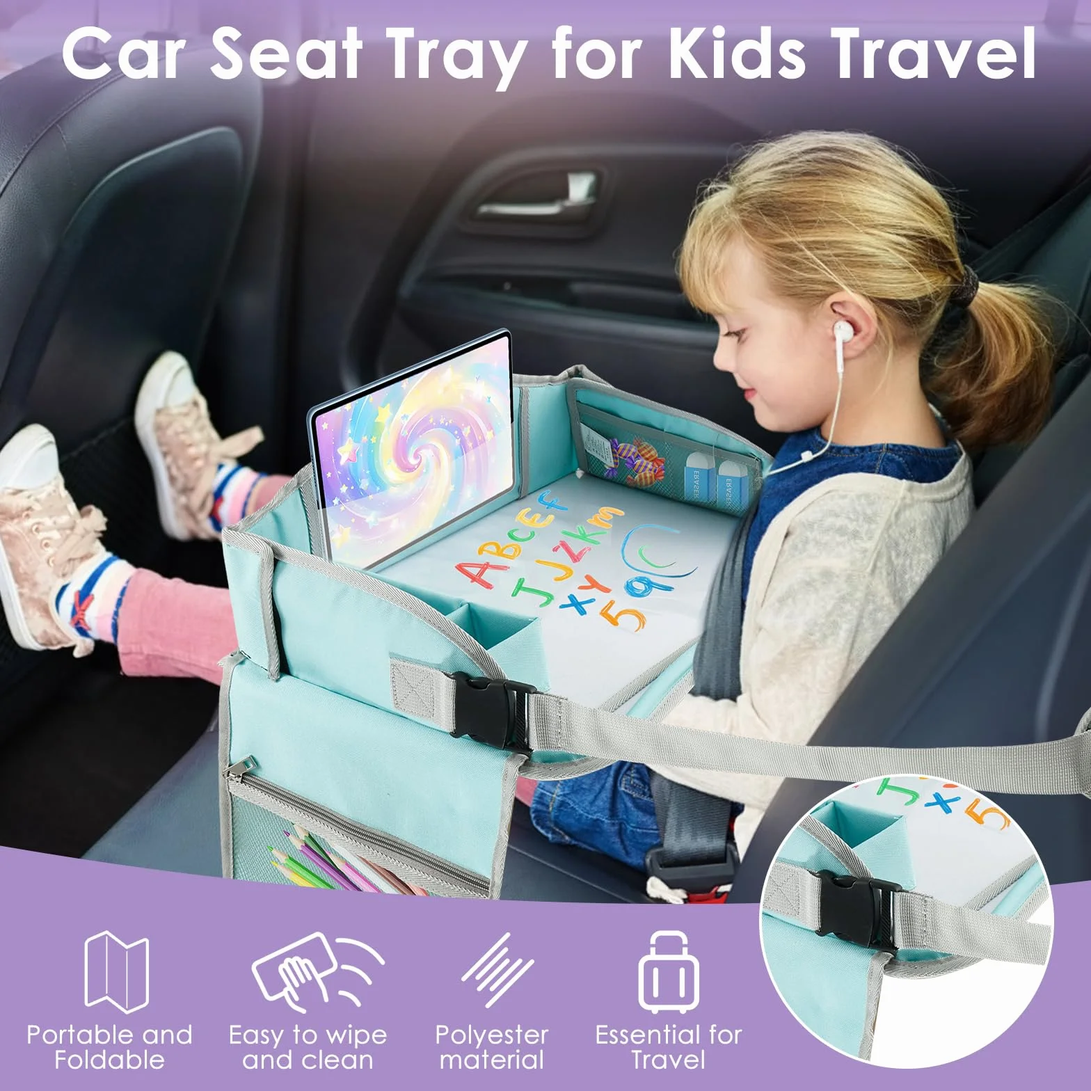 Tavolino da viaggio per bambini, seggiolino per auto, multifunzionale, regolabile, tavolino da gioco, tavolino da pranzo, tavolino per auto, aereo, parco (verde)