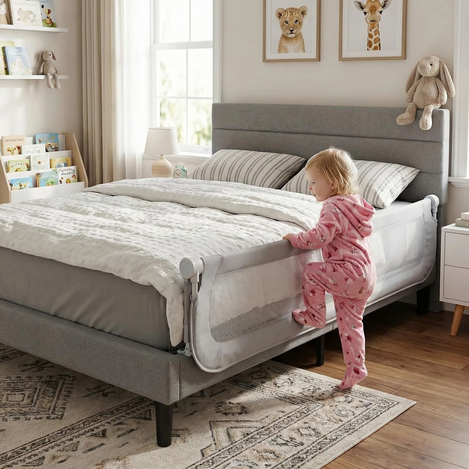COSTWAY Sponda Letto per Bambini 80/120/150/180/200 cm, Barriera di Sicurezza per Neonati, Altezza Regolabile a 3 Livelli, Barriera Letto Pieghevole, con Cinghia di Sicurezza (200 cm,Grigio)