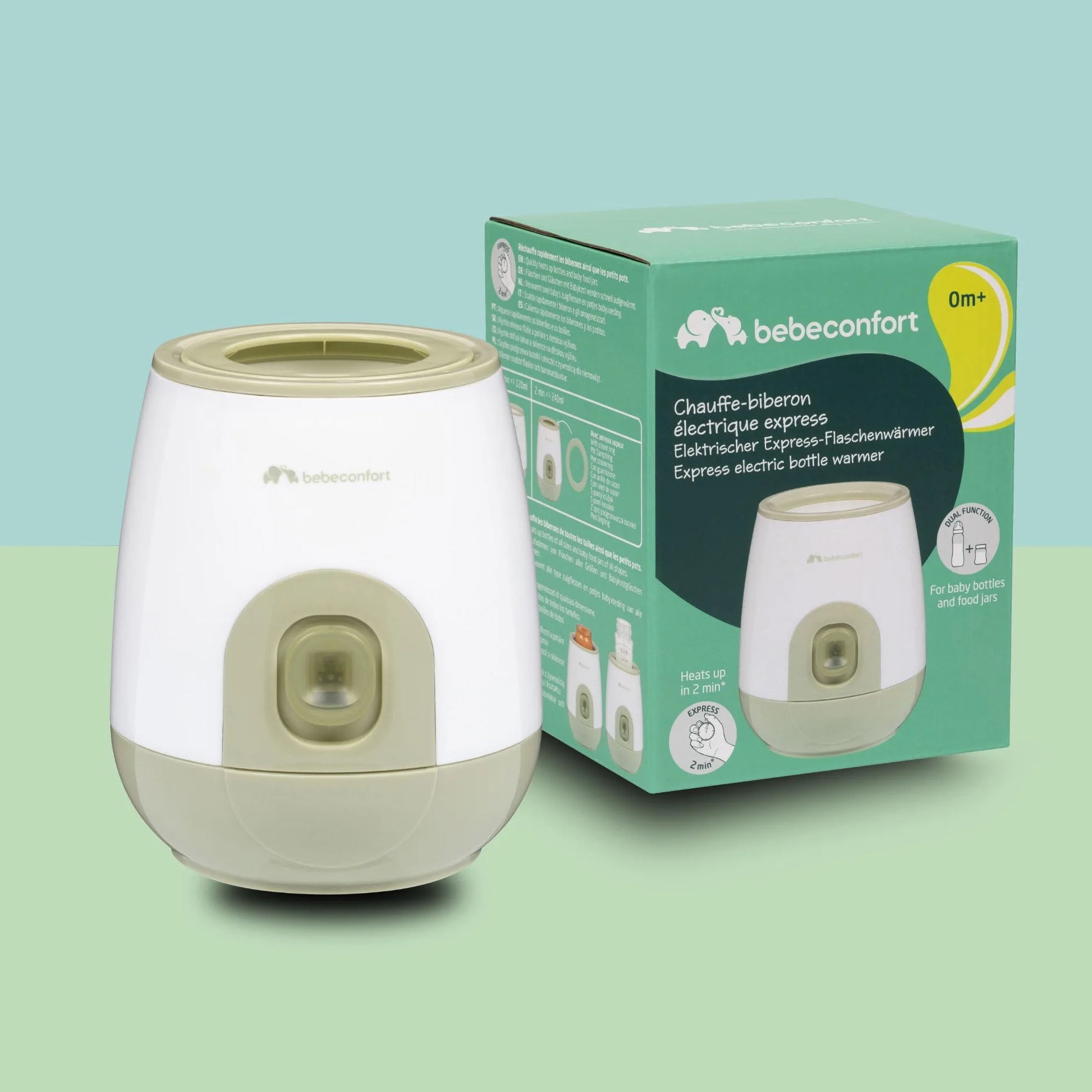 Bebeconfort Express Scaldabiberon Elettrico, Scalda Biberon Neonato Compatibile con biberon e vasetti omogeneizzati, Scalda in 2 minuti, colore Bianco/Verde Oliva