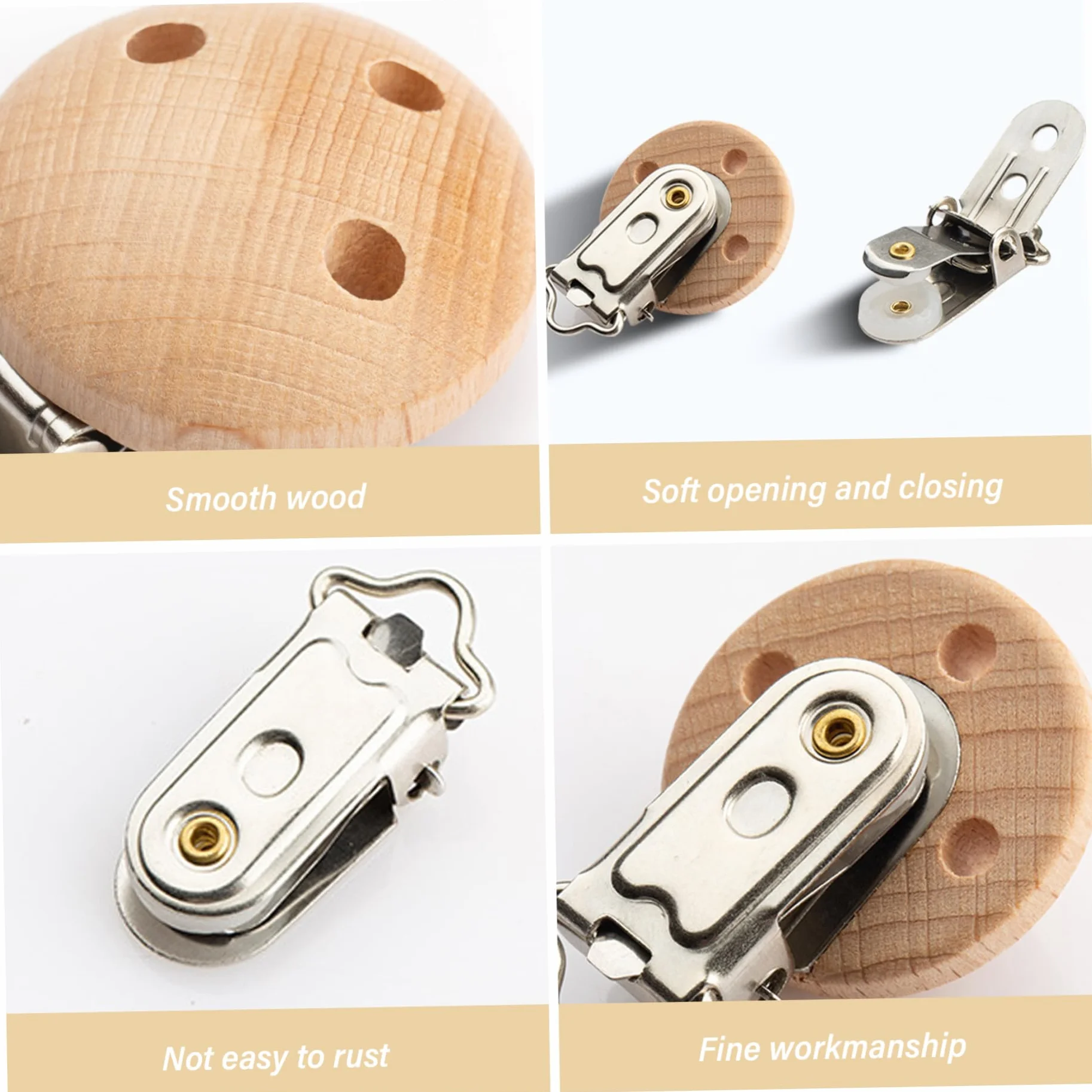 Clip per ciuccio in legno da 5 pezzi da 1, 2 pollici di diametro per ragazzi e ragazze, porta ciuccio portatile facile da usare e pulire con fori per giocattolo massaggiagengive, clip per bambini