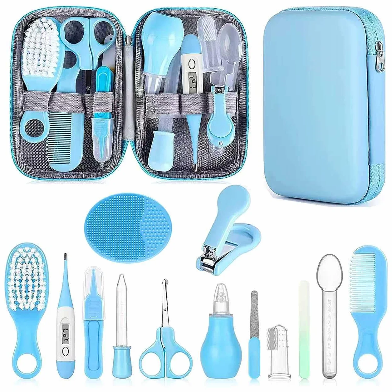 Set per la cura della sicurezza dei bambini con spazzola per capelli, pettine, tagliaunghie, kit essenziale per neonati e ragazzi (blu)