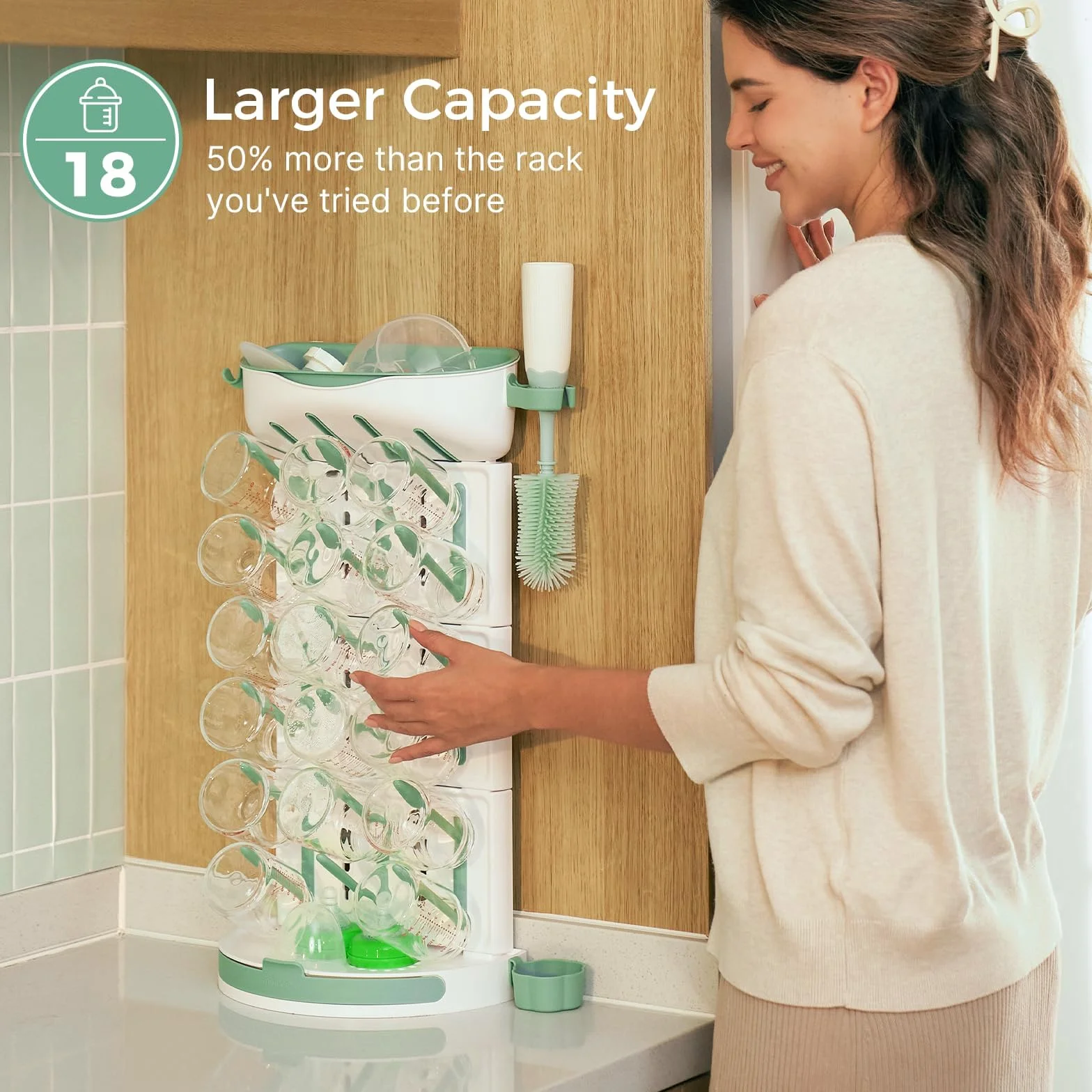 Momcozy Stendibiancheria verticale per biberon, grande capacità, 18 unità, design modulare compatto con portaspazzole integrato, asciugabottiglie per tettarelle, tiralatte e accessori