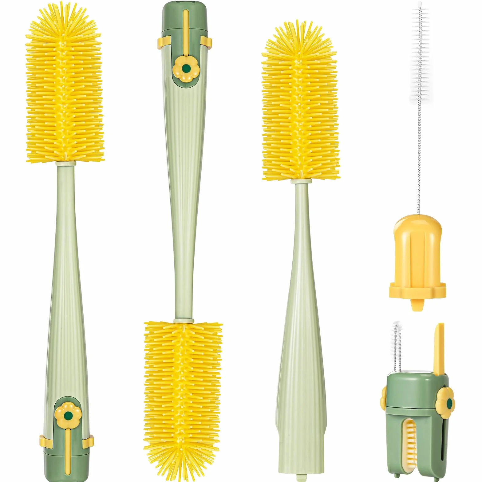 Pack de 2 Scovolino Biberon, 5-in-1 Scovolino Per Bottiglie con Spazzolino Integrato per Tettarelle, Cannucce, Pulisciorlo a U e Gancho Extractor, Durevole & Compatto, Verde
