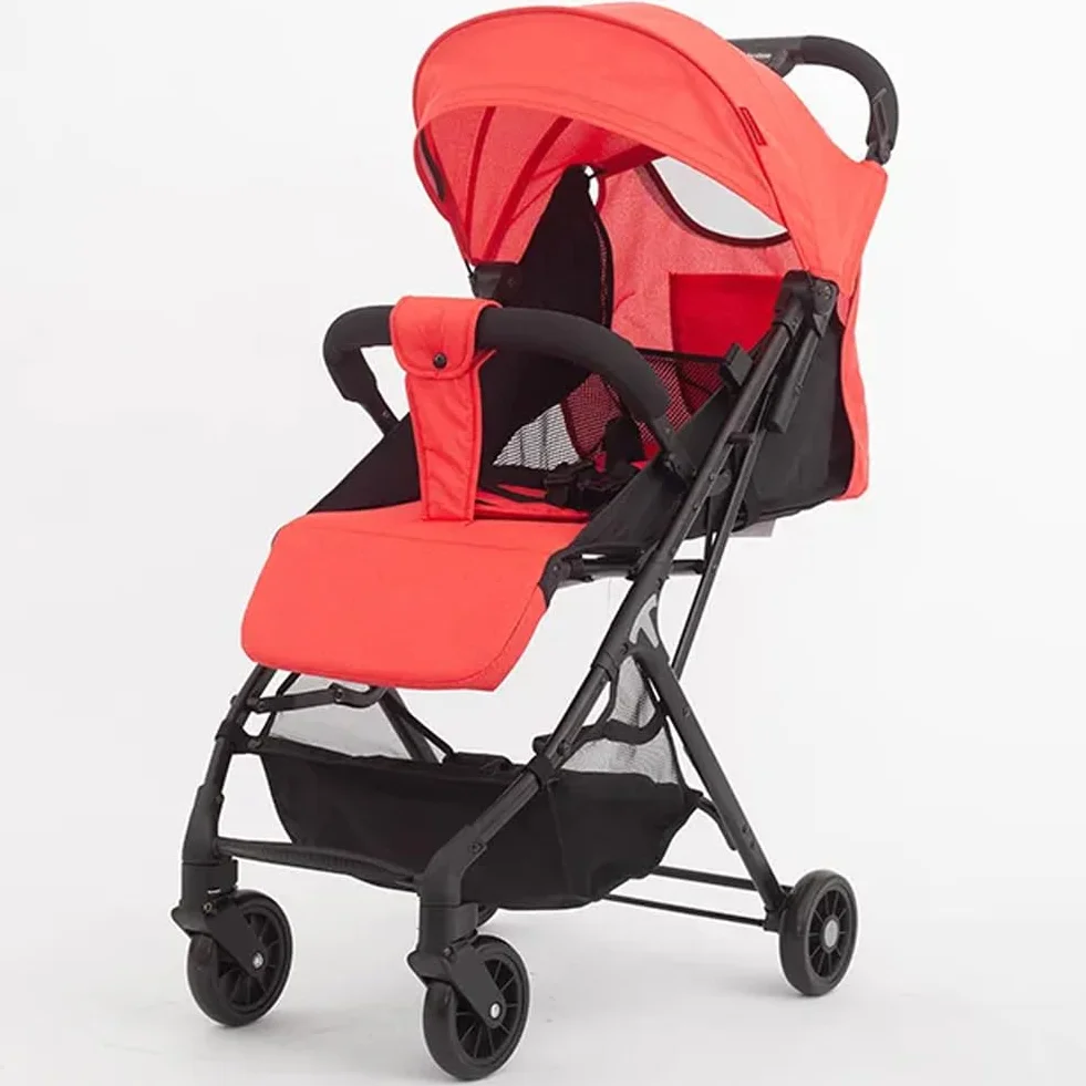 BAKAJI Passeggino Pro Ultra Leggero con Chiusura Facilitata Portata Massima 15 kg, Schienale Reclinabile con Cintura di Sicurezza a 5 Punti, Pieghevole con Una Mano, Salvaspazio (Rosso)