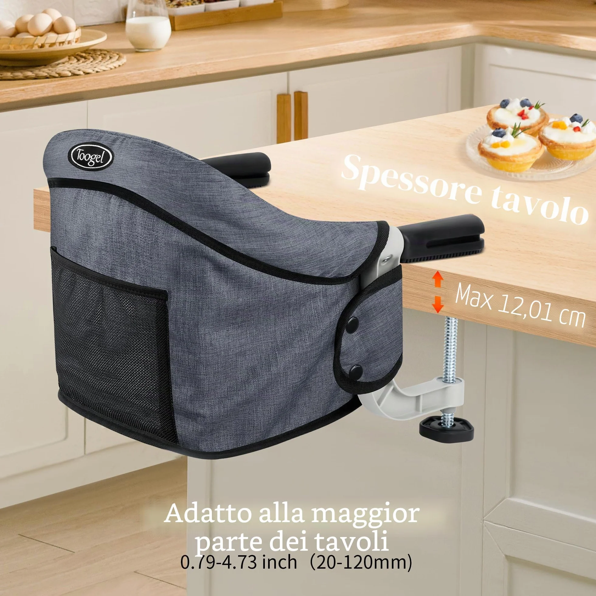 Toogel Seggiolini da Tavolo, Seggiolone Pieghevole Portatile con Imbracatura di Sicurezza, Baby Seggiolino da Tavolo con Borsa da Trasporto per Casa e Viaggi (Grigio)