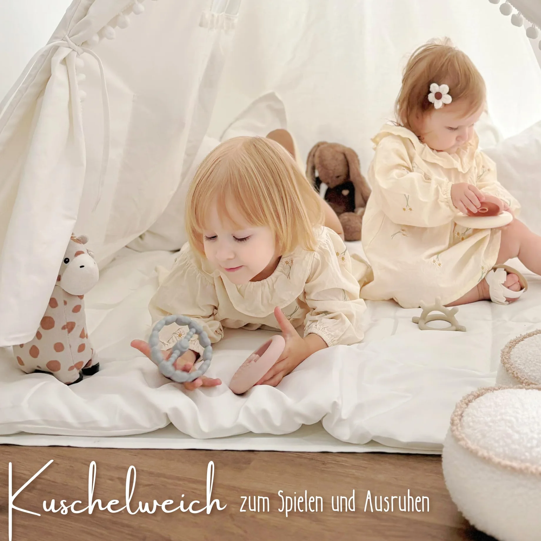 LIONHERZ® Tappetino Tipi con nastri, 120 x 120 cm, coperta imbottita per tenda da gioco/casetta dei giochi, morbida coperta quadrata per bambini, inserto trapuntato/base per legare (bianco brillante)