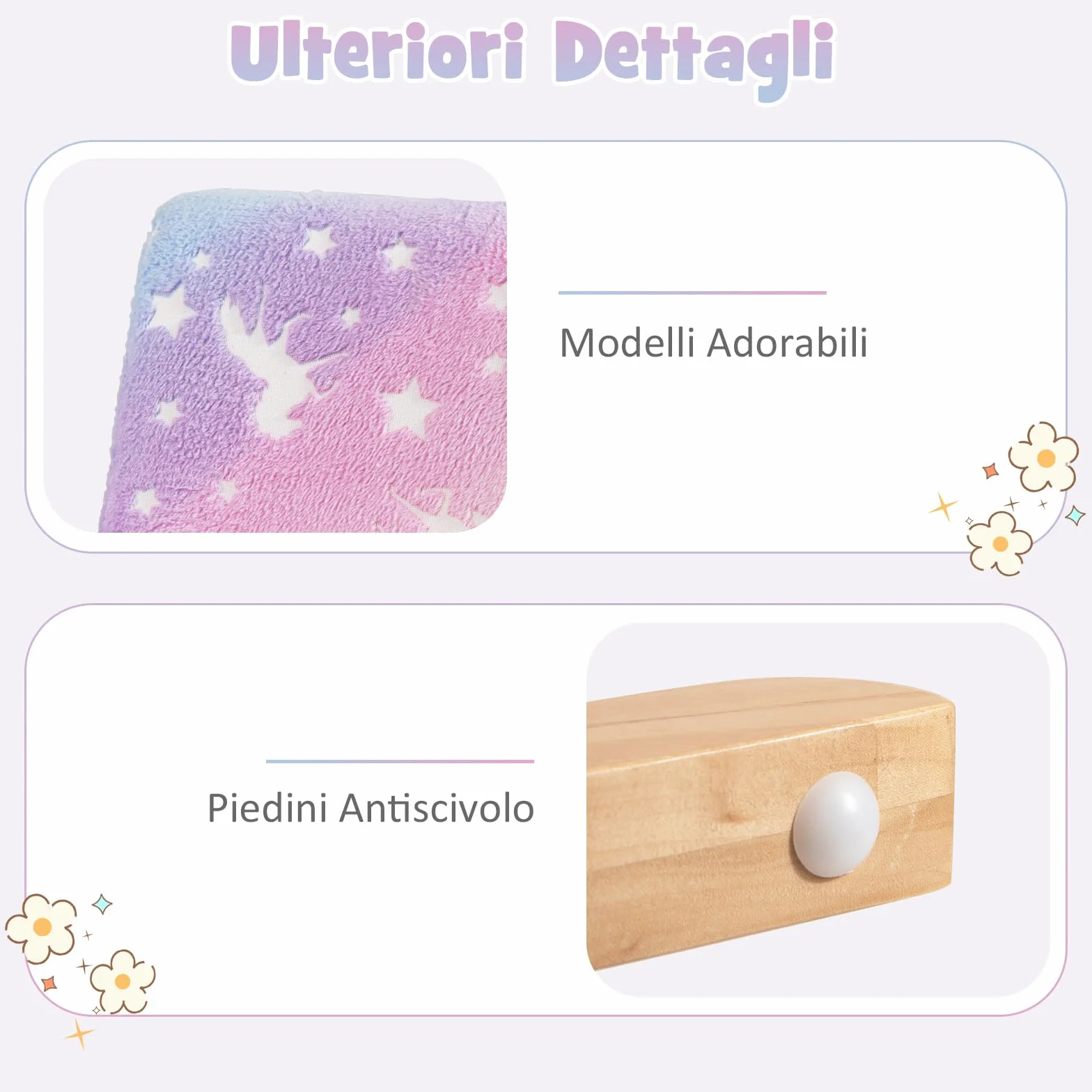COSTWAY Sedia Dondolo per Bambini da 3 a 5 Anni, Poltrona in Flanella con Piedi a Dondolo in Legno, Motivi che si Illuminano al Buio,56 x 49 x 50 cm, Blu e Viola