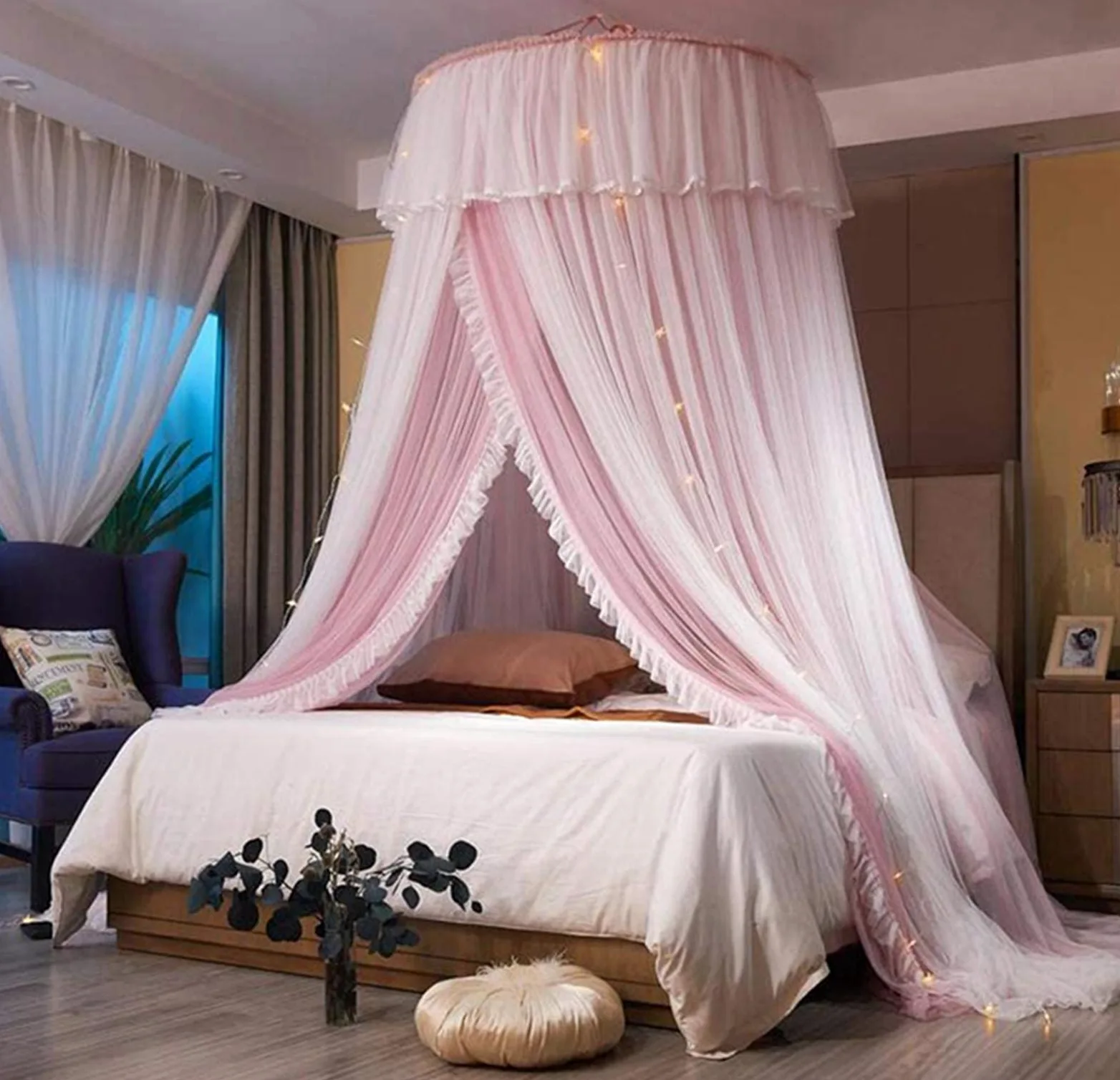VARWANEO Tenda a baldacchino per letto da principessa, tenda a baldacchino a doppio strato in rete velata, zanzariera per letto matrimoniale, king size, rosa e bianco