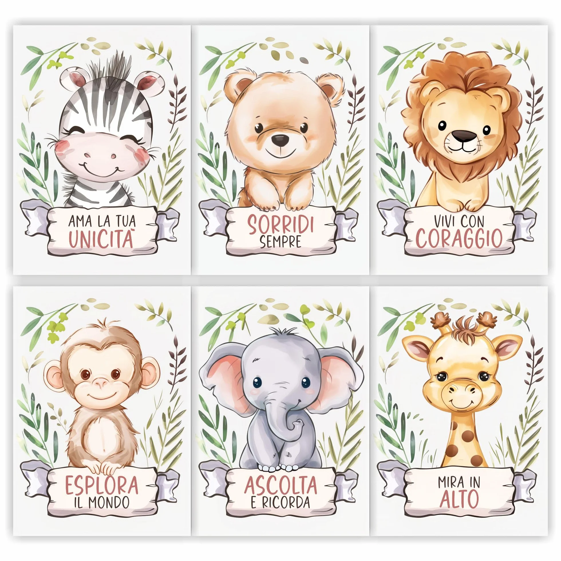 Set 6 poster animali decorativi per la cameretta dei bambini, quadri con simpatici e dolci animali e frasi motivazionali per bambino bambina, decorazioni formato A4. In italiano. Cornici non incluse