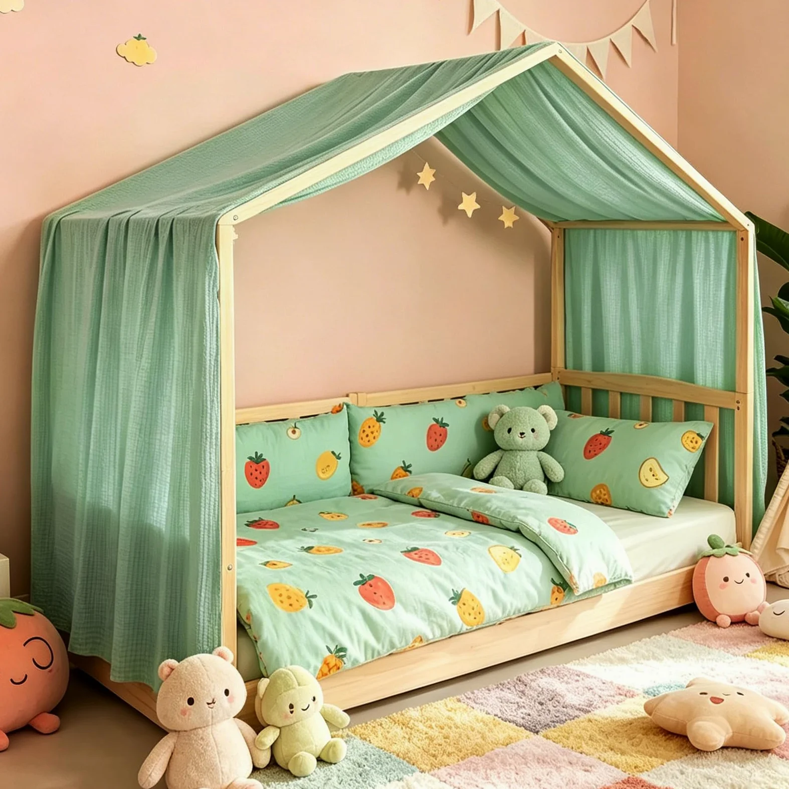 Ginkago Baldacchino 100% Cotone per Cameretta Tenda per Letto a Castello & Lettino Decorazione per Bambina e Bambino Salvaspazio per Stanze Piccole (Verde, 360 x 135 cm)