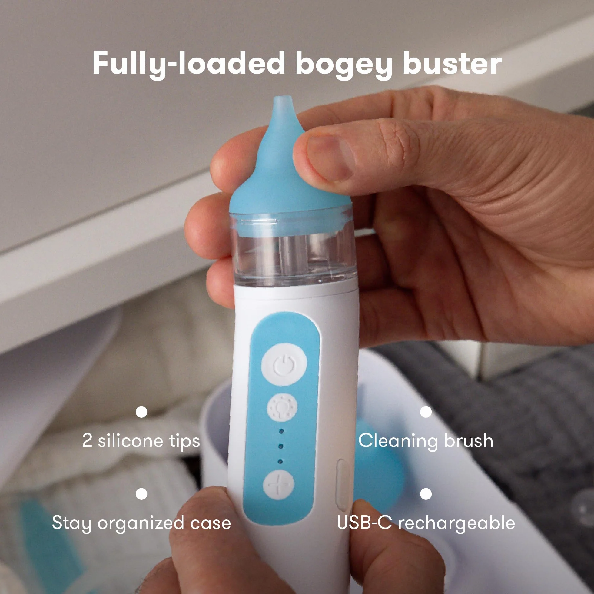 Frida Baby NoseFrida - Aspiratore nasale elettrico per neonati, ventosa nasale per neonati e bambini, per alleviare la congestione, con 3 livelli di aspirazione, 2 punte in silicone, USB