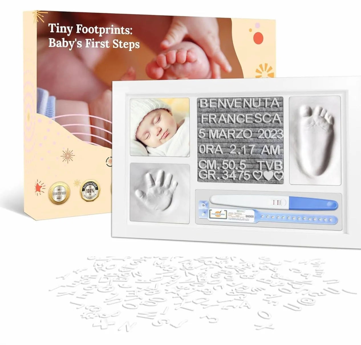 Impronta Mani e Piedi Neonati Kit Cornice Personalizzata Impronte Neonato Quadretto Nascita Bimbo Felt Board con Lettere e Numeri
