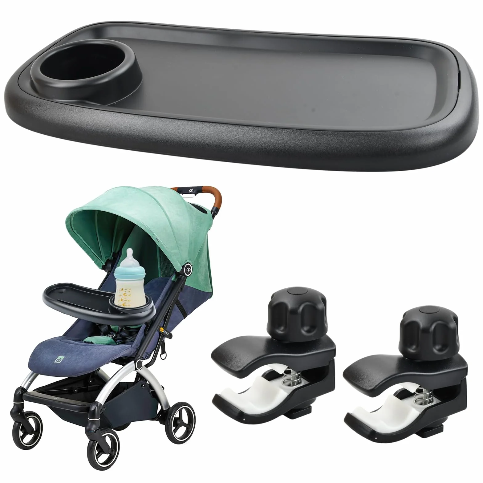 Vassoio per Passeggino Universale, Vassoio per Alimenti per Passeggino, 41x20cm, Rimovibile vassoio per Snack con Portabicchieri, Girevole a 360 Gradi, Regolabile per La Maggior Parte Dei Passeggini